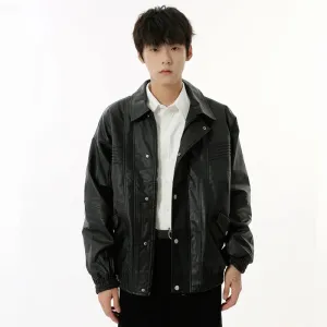 Autumn Men's Jackets Casual PU Leather Zipper Turn-down Collar Single Breasted Solid Color Male Loose Coats 9C6831