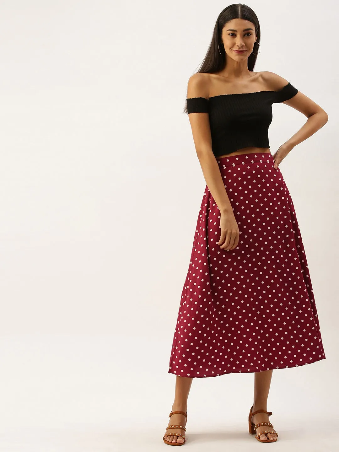 Berrylush Women Red & White Polka Dot Printed Midi Skirt