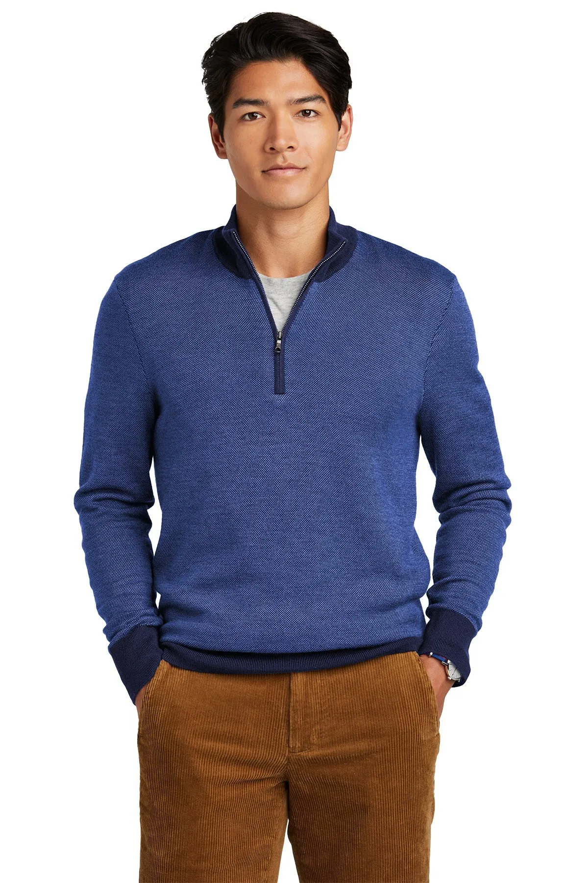 Brooks Brothers Washable Merino Birdseye Custom 1/4-Zip Sweaters, Navy/ Compass Blue