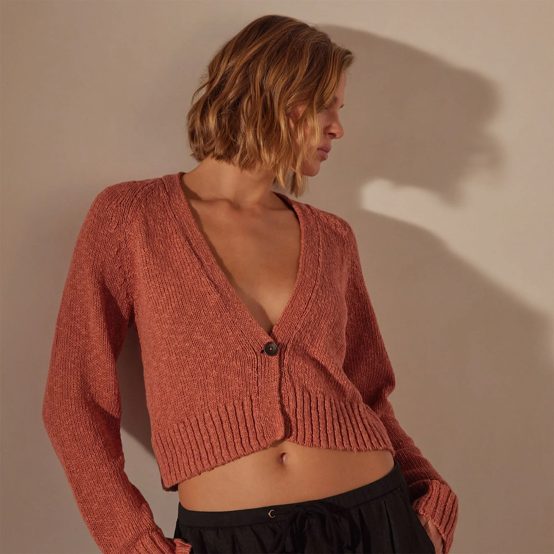 Cotton Linen Cropped Cardigan - Adobe