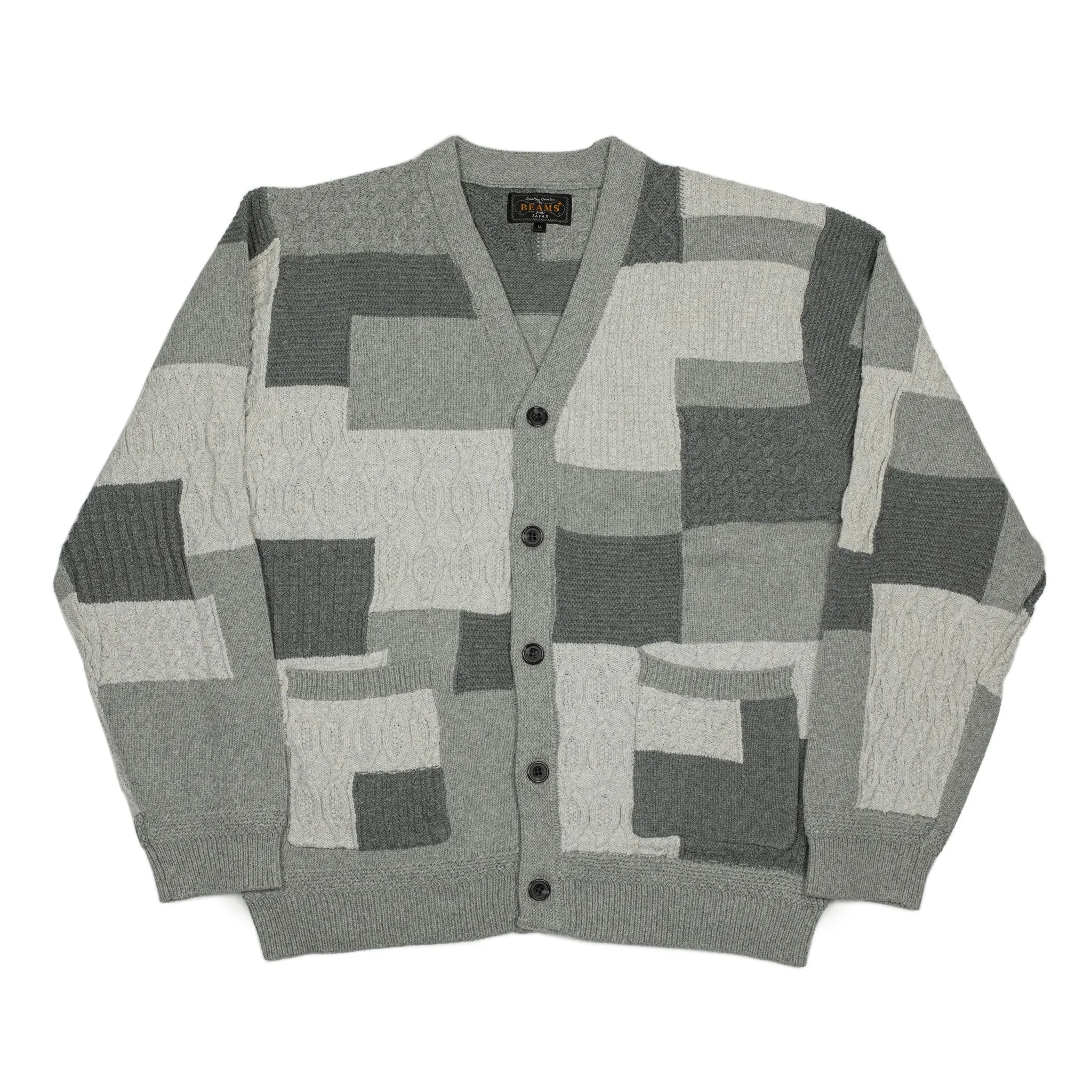 Crazy patchwork cable knit cardigan in grey cotton