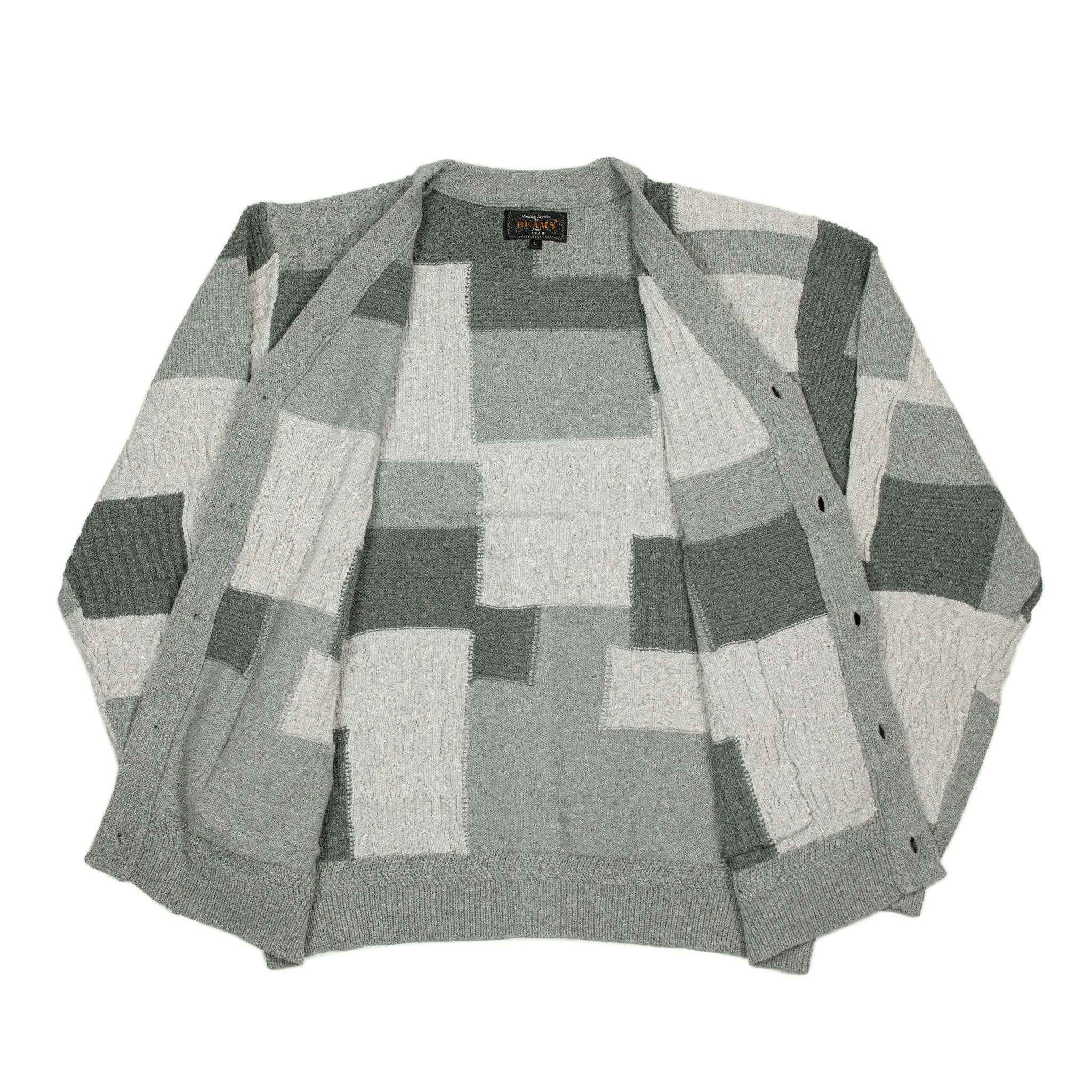 Crazy patchwork cable knit cardigan in grey cotton