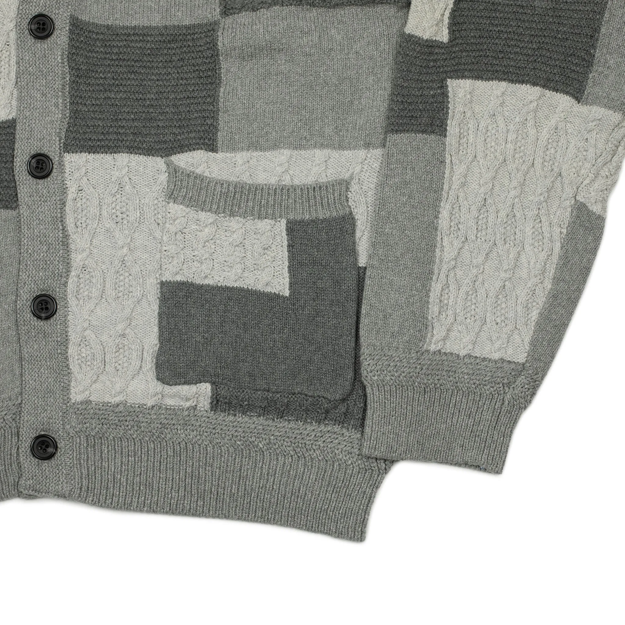 Crazy patchwork cable knit cardigan in grey cotton