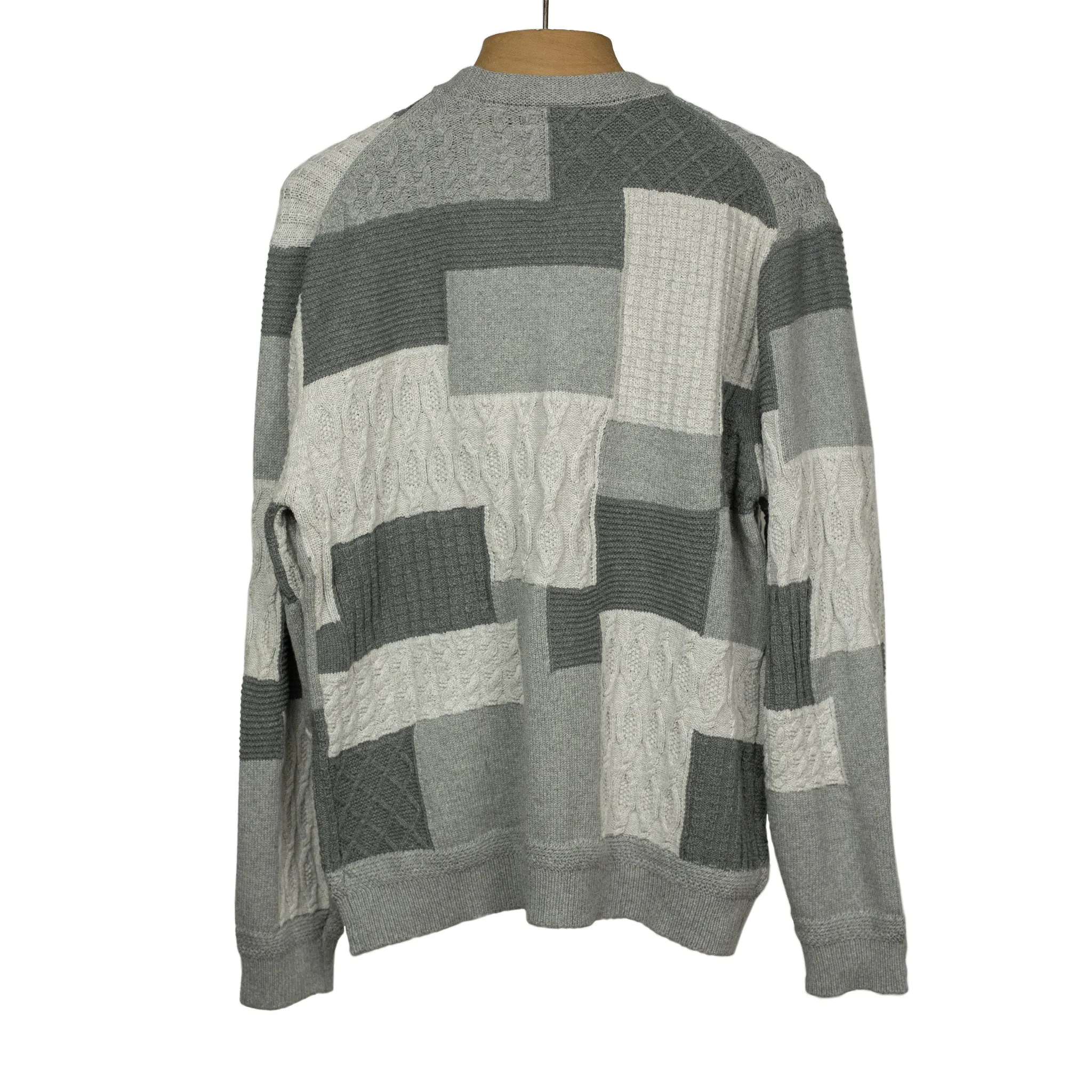 Crazy patchwork cable knit cardigan in grey cotton