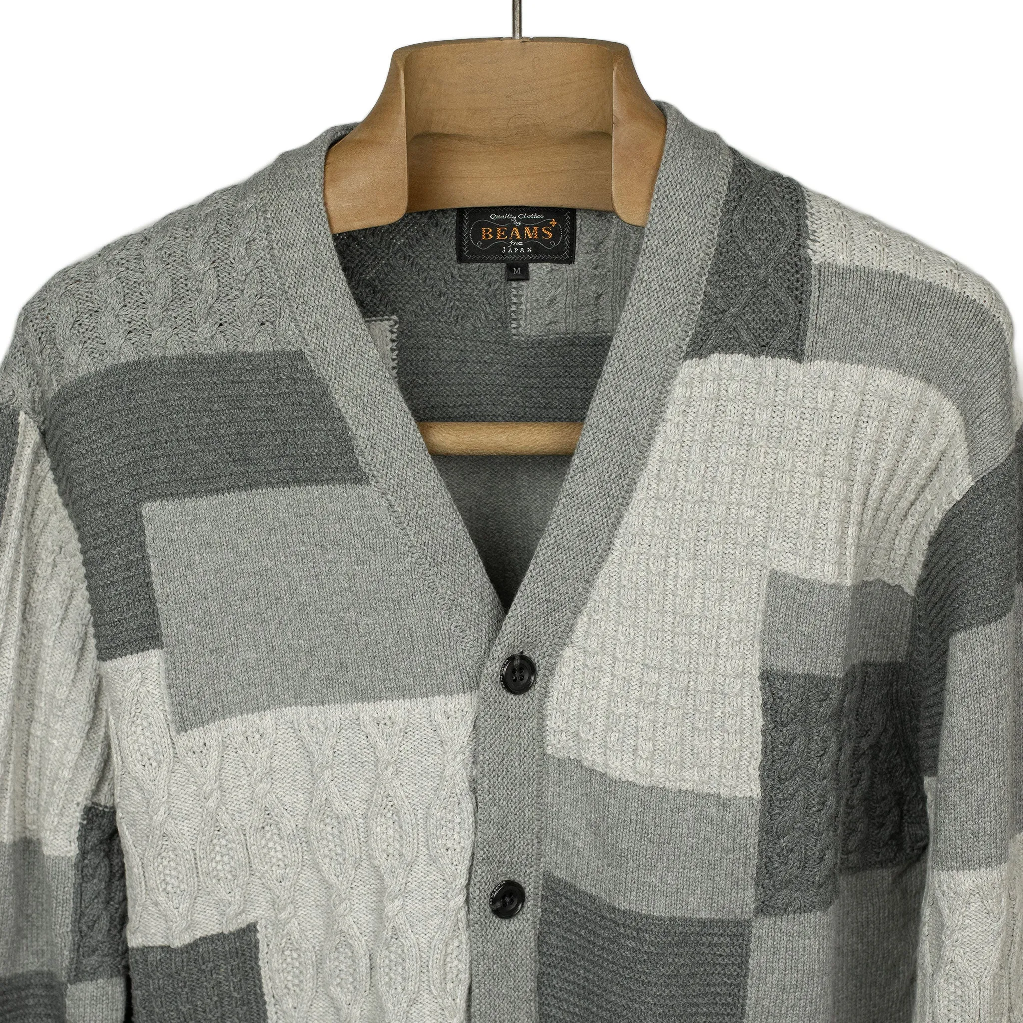 Crazy patchwork cable knit cardigan in grey cotton