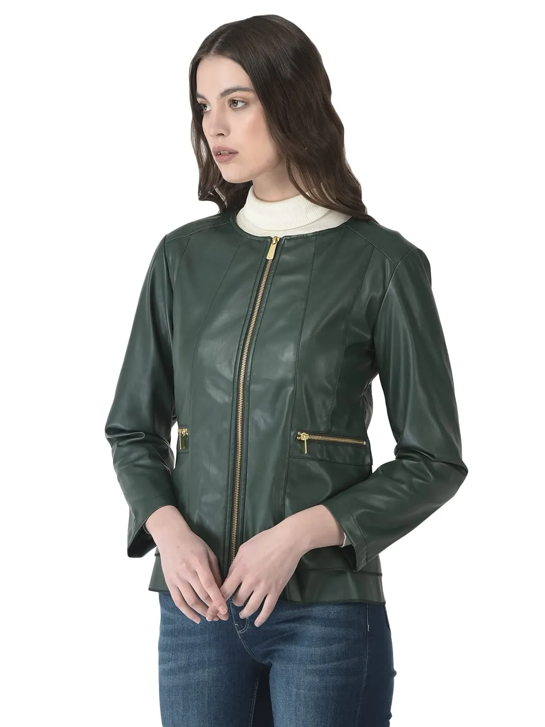 Crimsoune Club Women Green Faux Leather Jacket