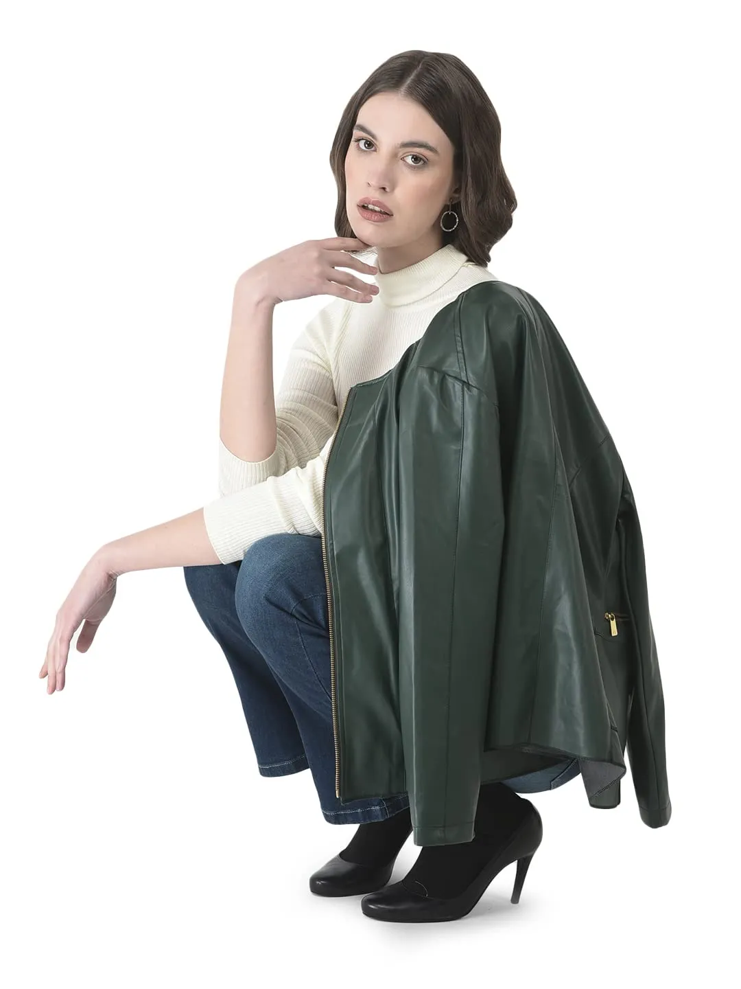 Crimsoune Club Women Green Faux Leather Jacket