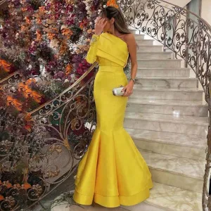 Elegant Yellow One Shoulder Mermaid Evening Dress SF014