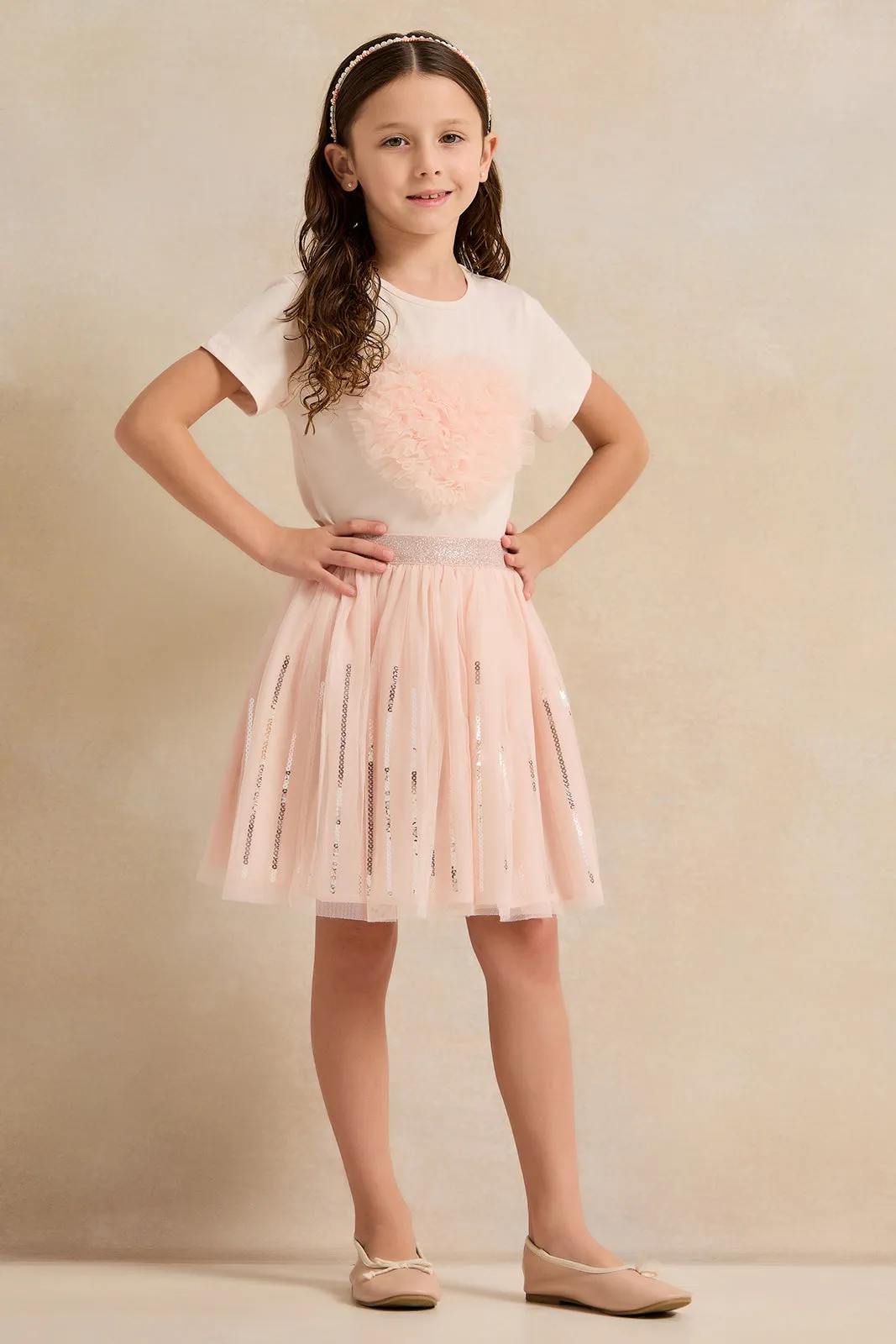 Girls Pink Sequins Mesh Skirt