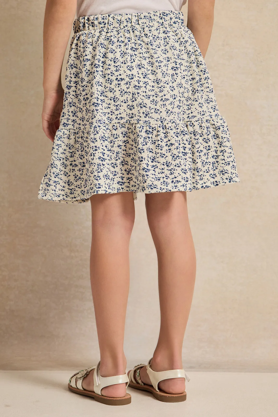 Girls White Flower Allover Print Skirt