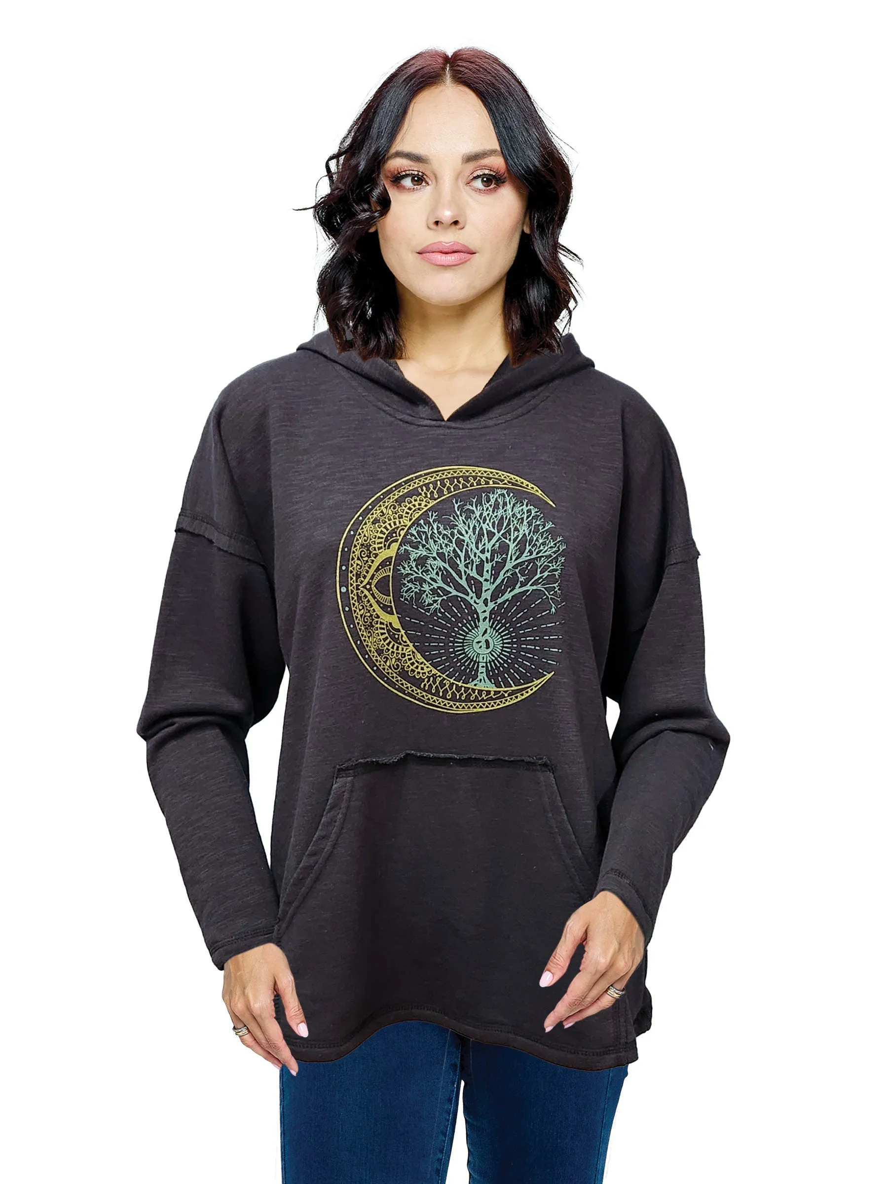 Green Hoodie Half Moon and Tree Of Life Print