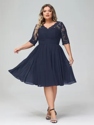 Lace and Chiffon Short Dress with Half Sleeves Dark Navy