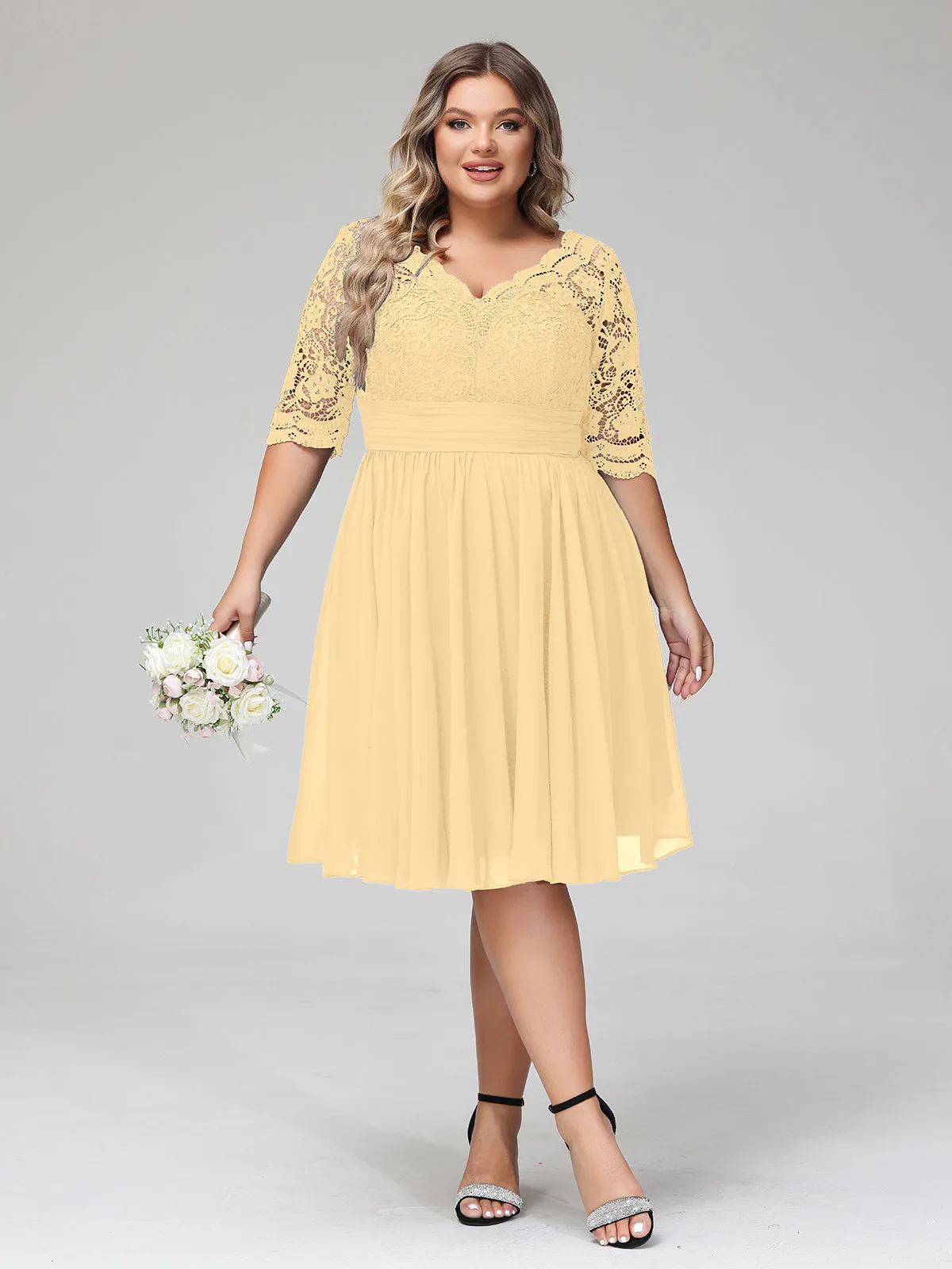 Lace and Chiffon Short Dress with Half Sleeves Gold