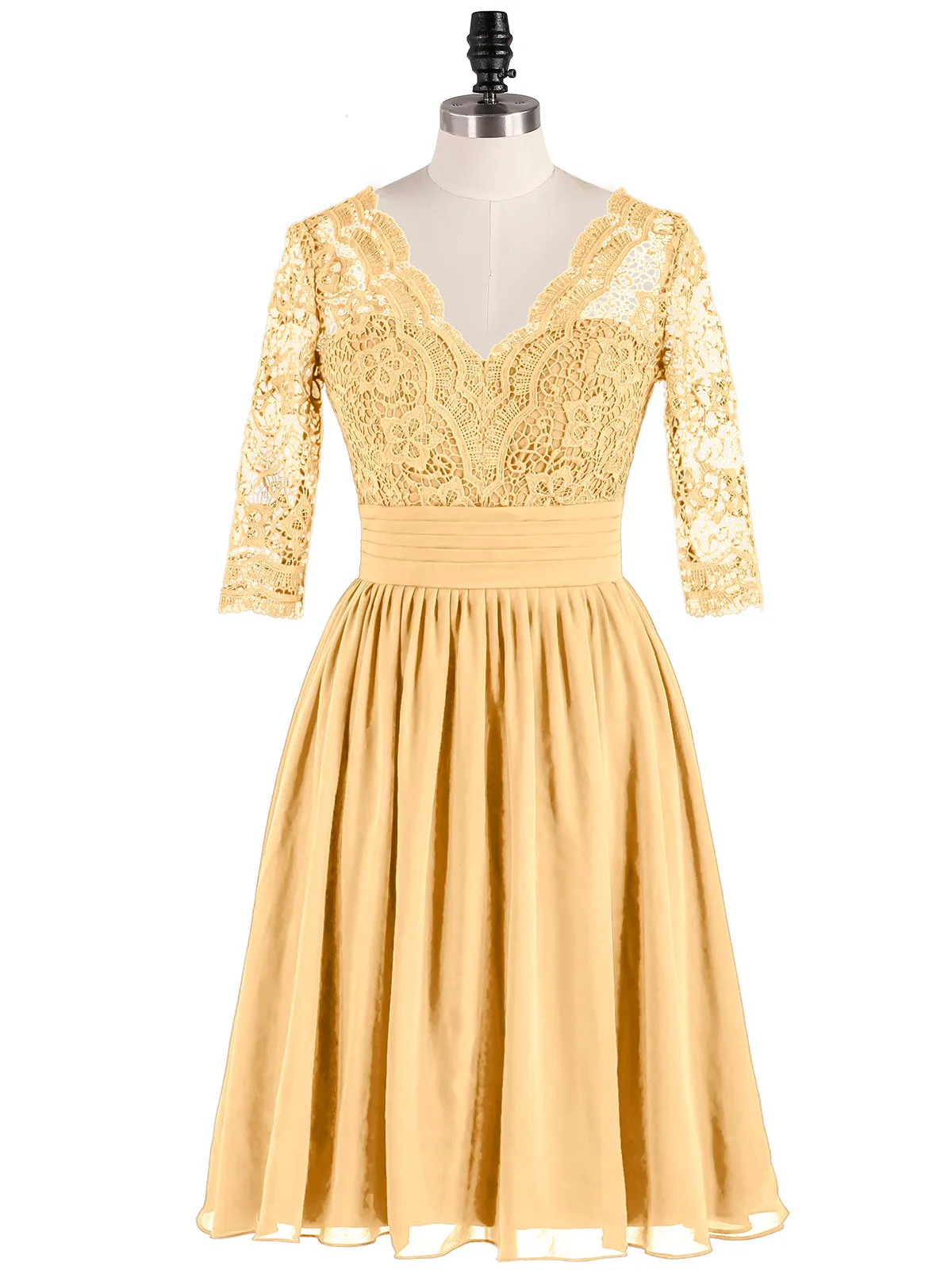 Lace and Chiffon Short Dress with Half Sleeves Gold