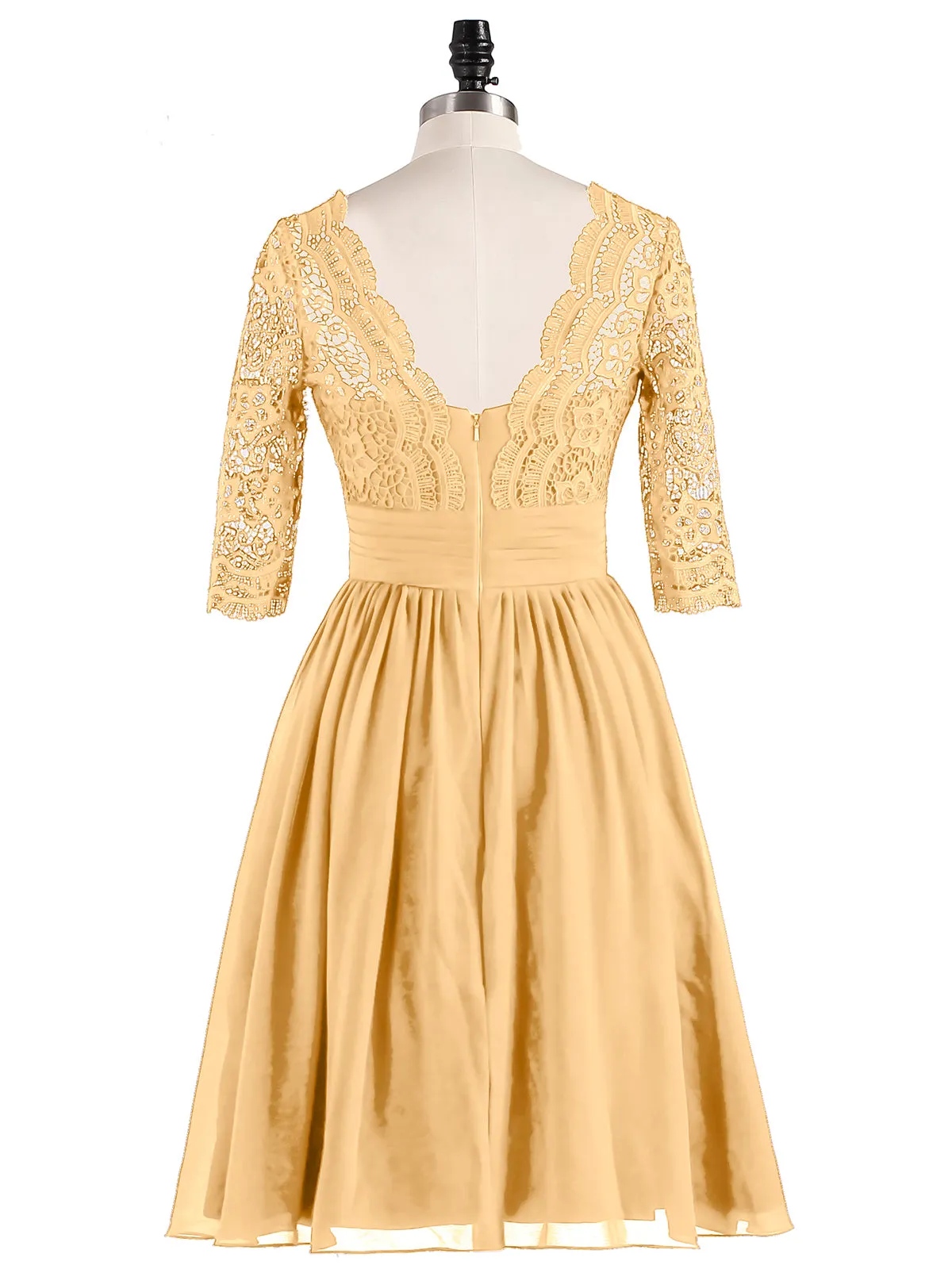 Lace and Chiffon Short Dress with Half Sleeves Gold