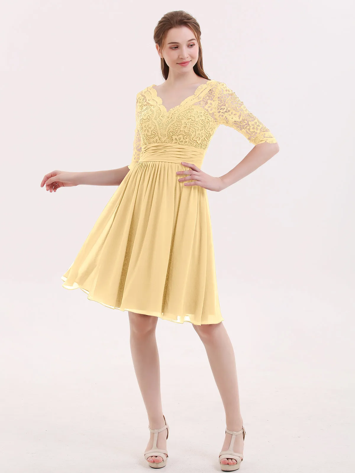 Lace and Chiffon Short Dress with Half Sleeves Gold