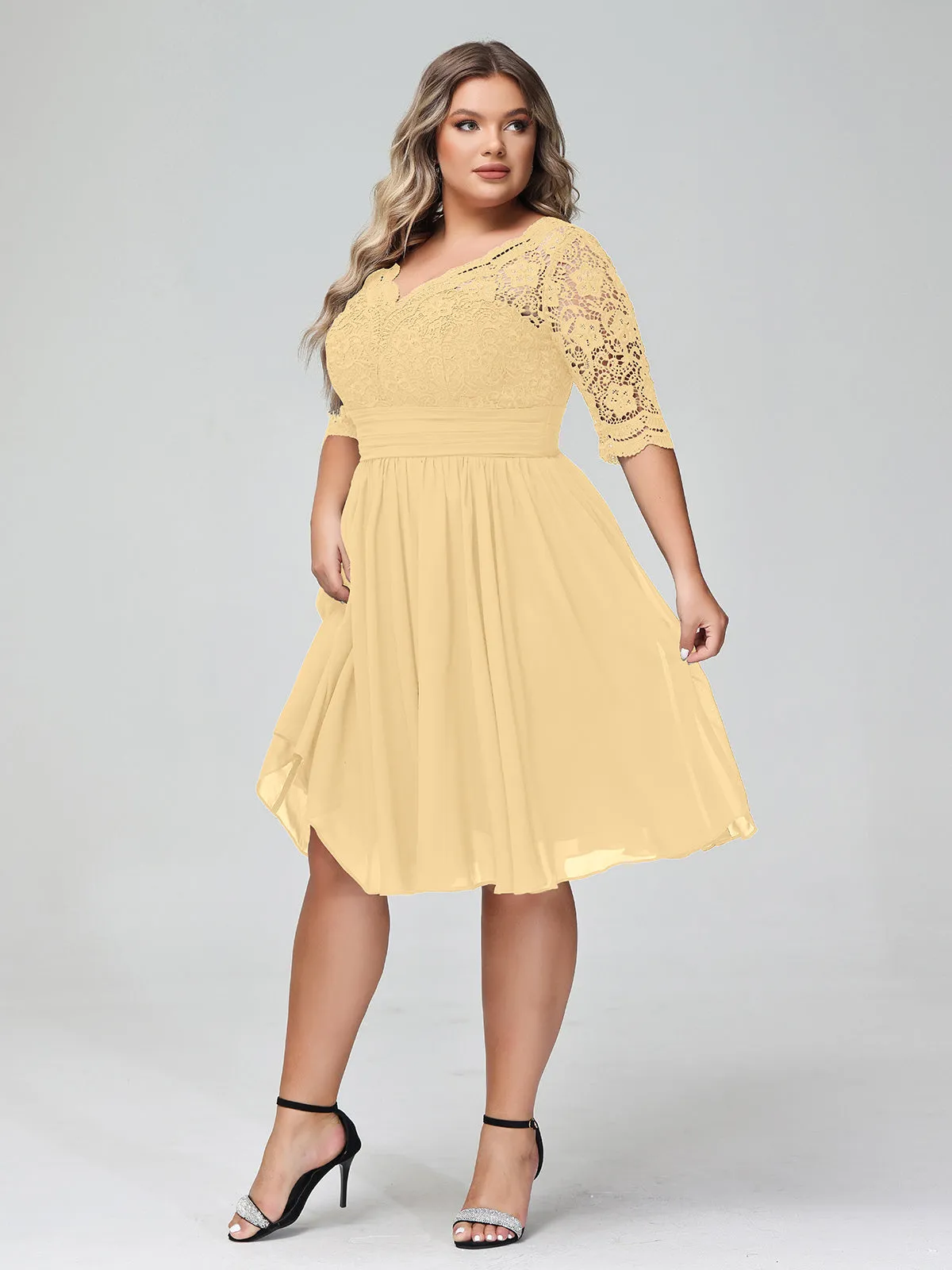 Lace and Chiffon Short Dress with Half Sleeves Gold