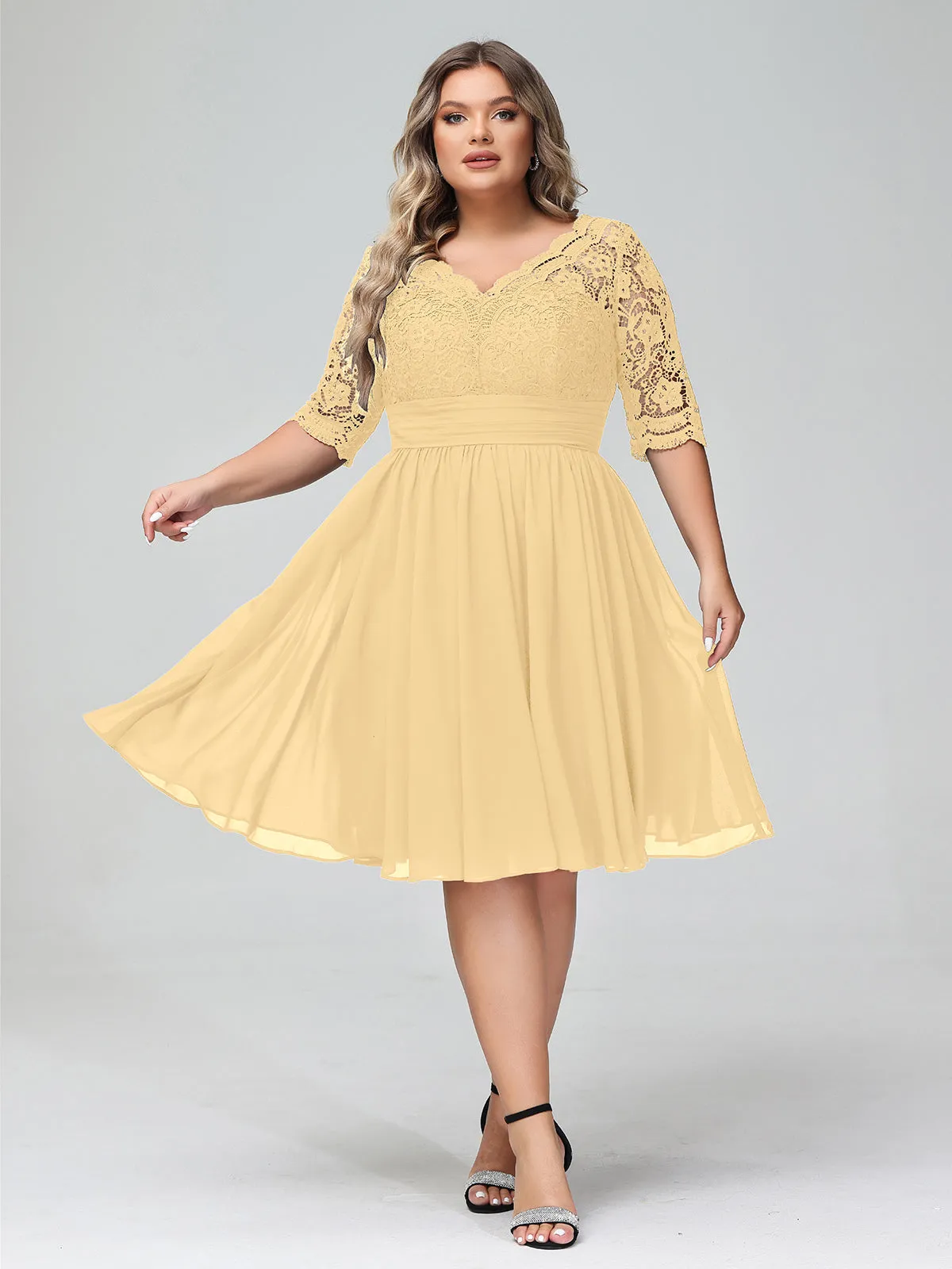 Lace and Chiffon Short Dress with Half Sleeves Gold