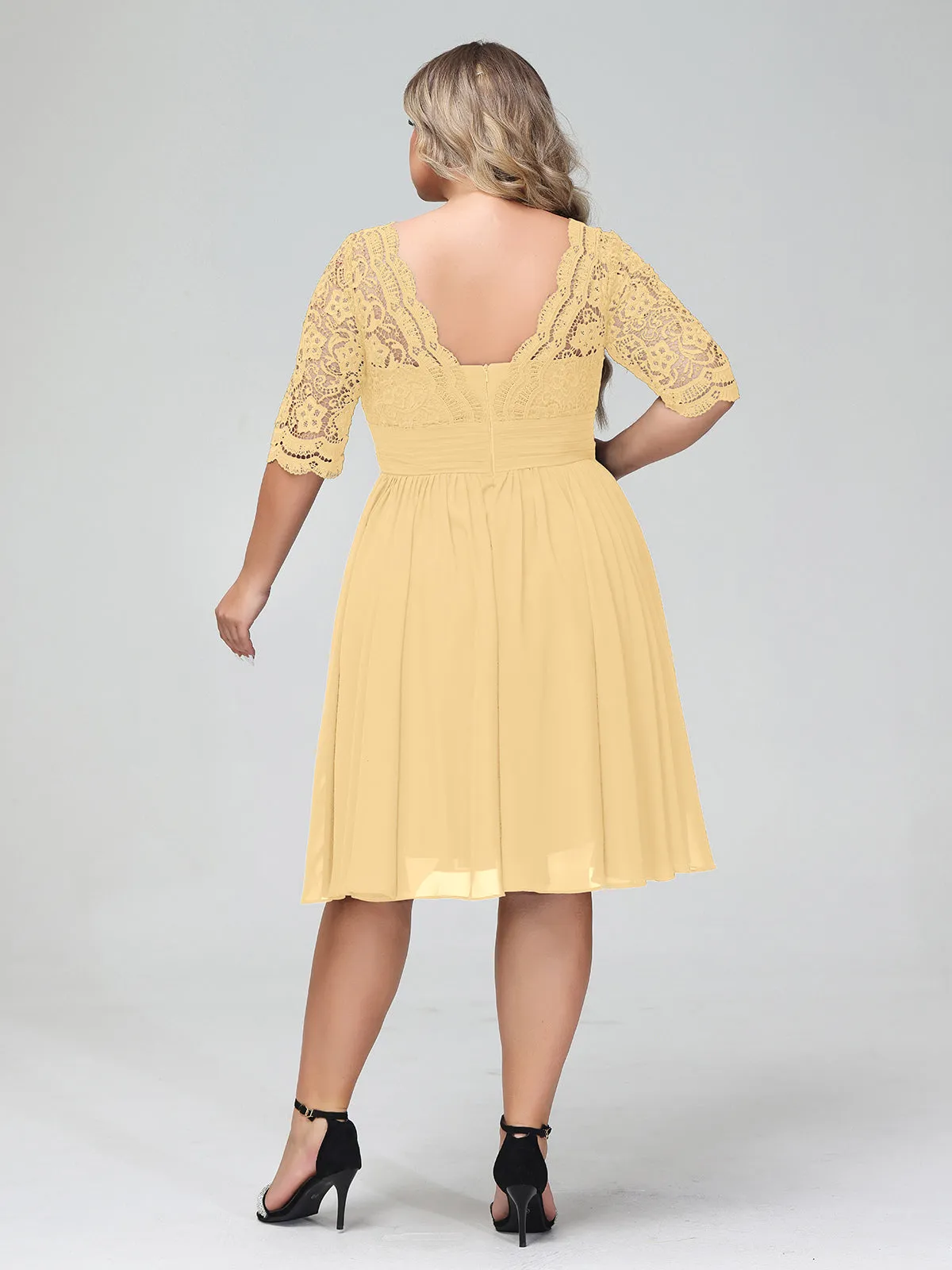 Lace and Chiffon Short Dress with Half Sleeves Gold