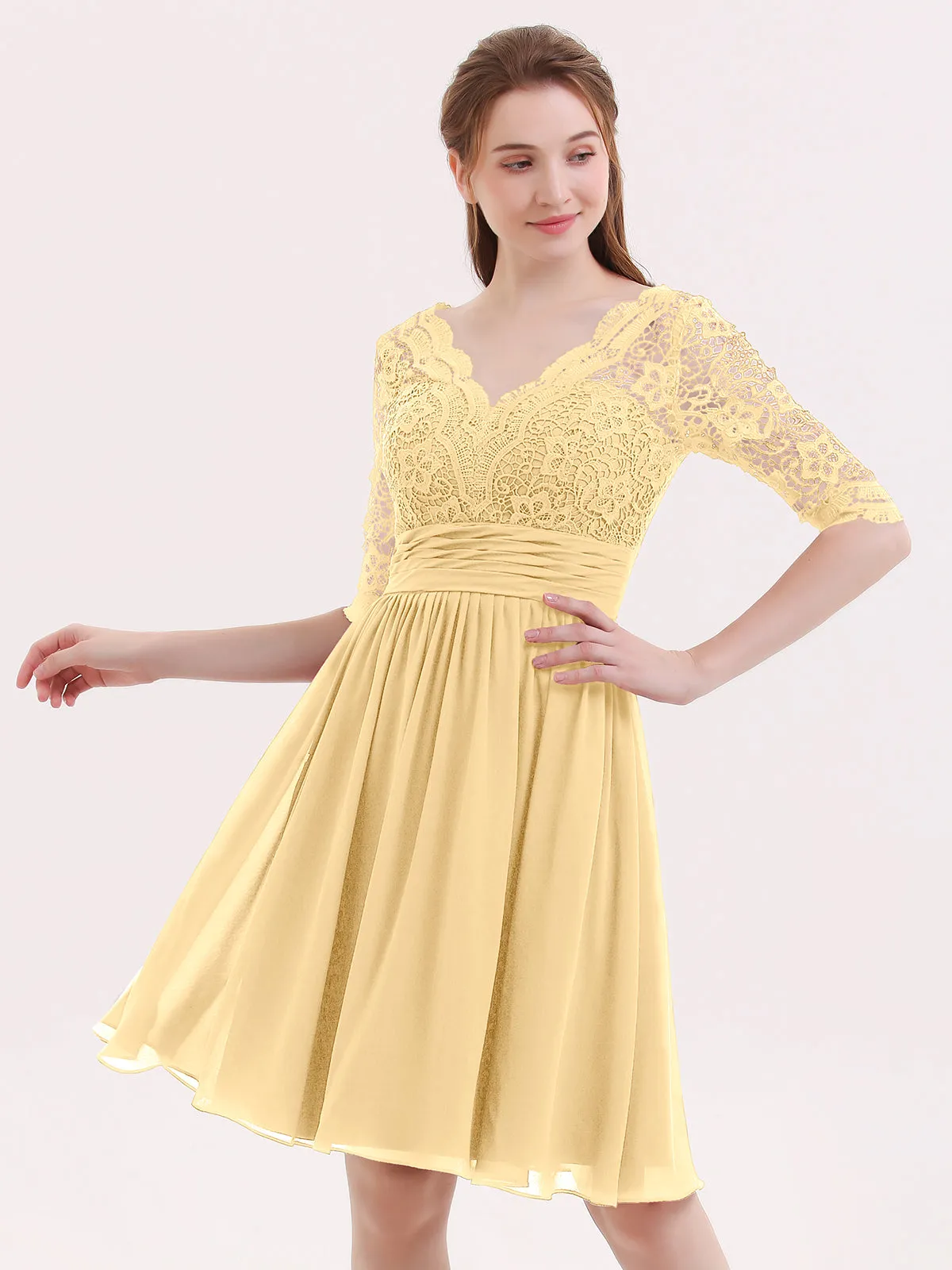 Lace and Chiffon Short Dress with Half Sleeves Gold