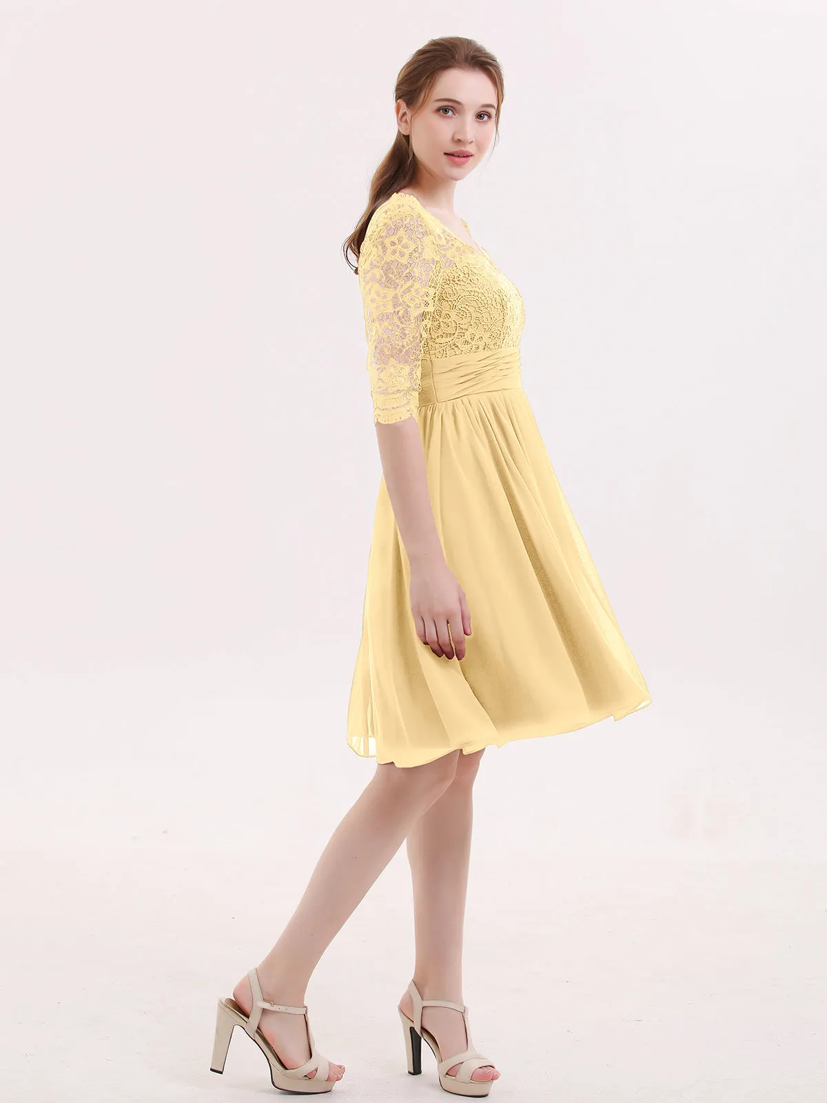 Lace and Chiffon Short Dress with Half Sleeves Gold