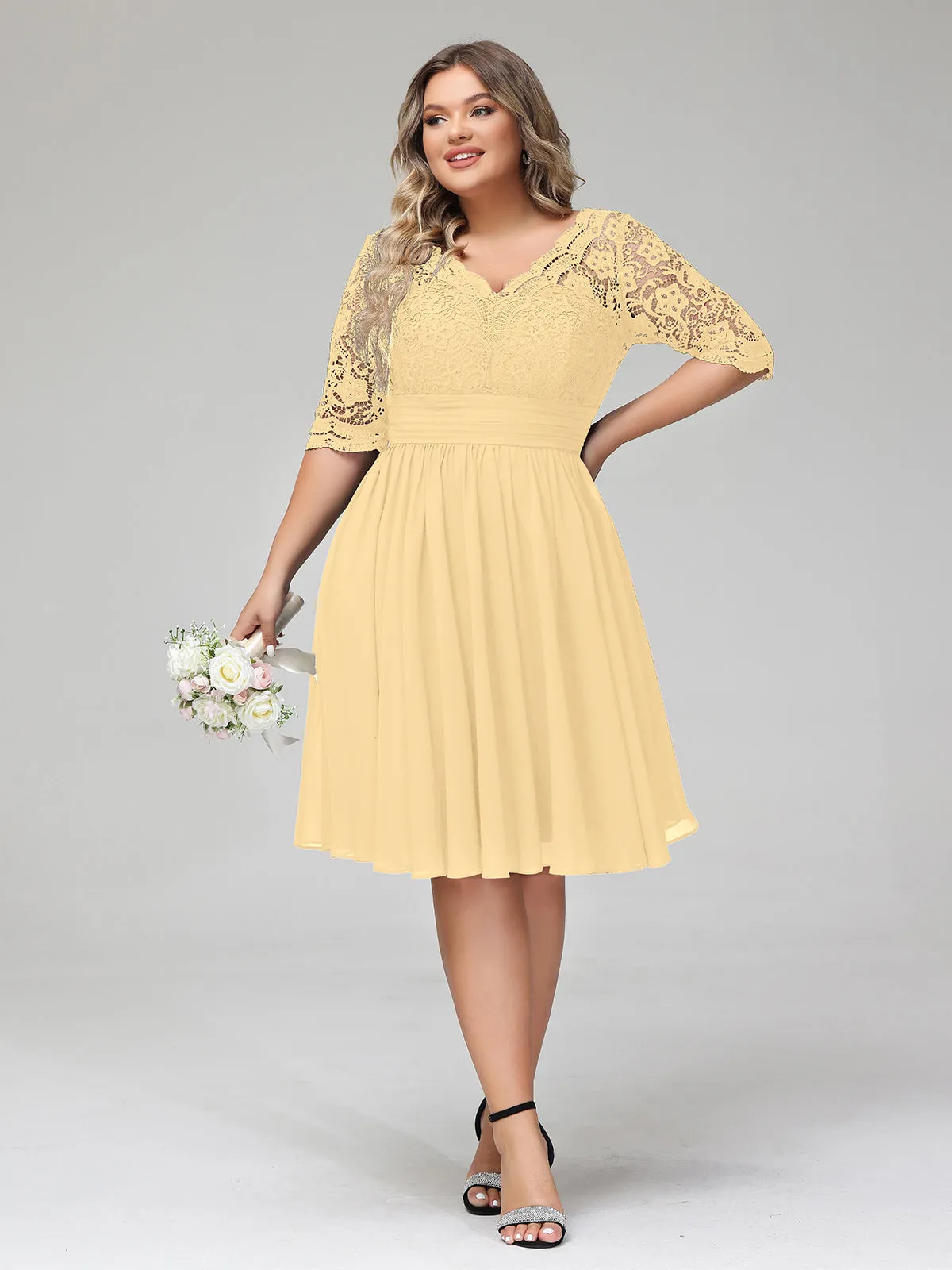 Lace and Chiffon Short Dress with Half Sleeves Gold