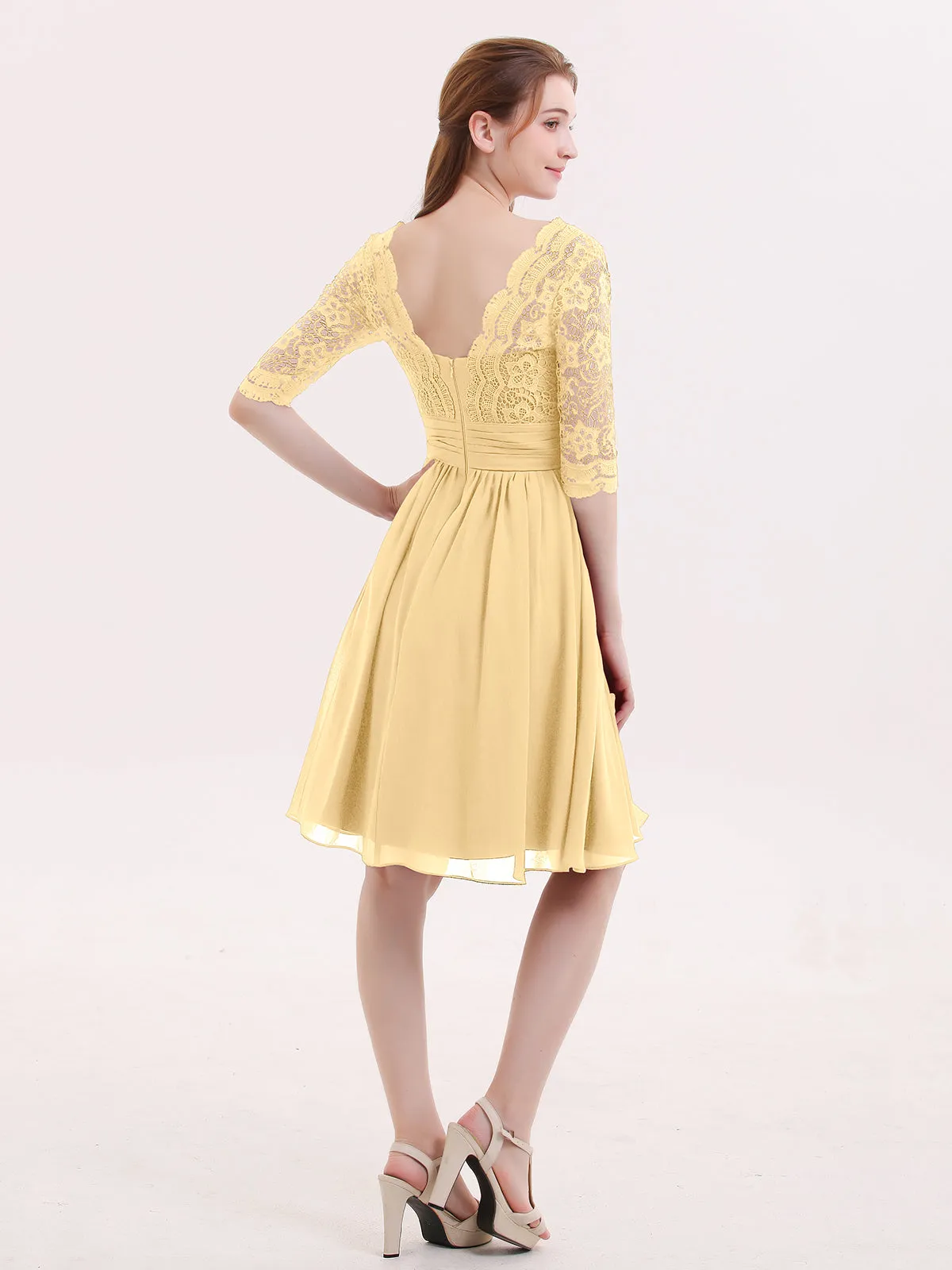 Lace and Chiffon Short Dress with Half Sleeves Gold