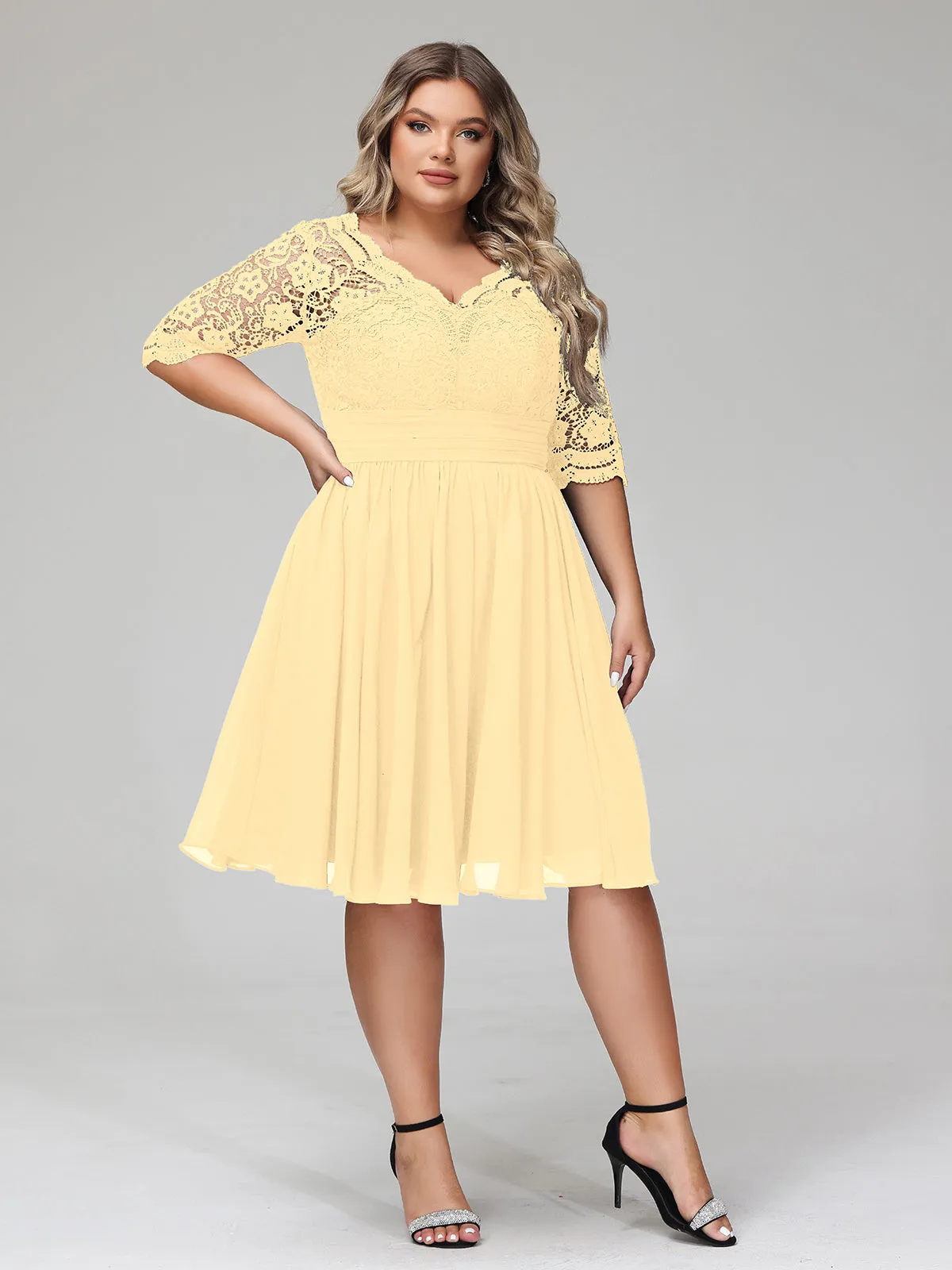 Lace and Chiffon Short Dress with Half Sleeves Gold