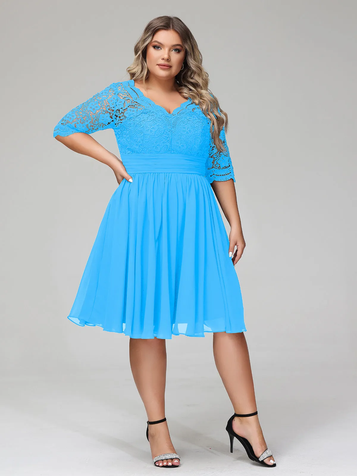 Lace and Chiffon Short Dress with Half Sleeves Ocean Blue