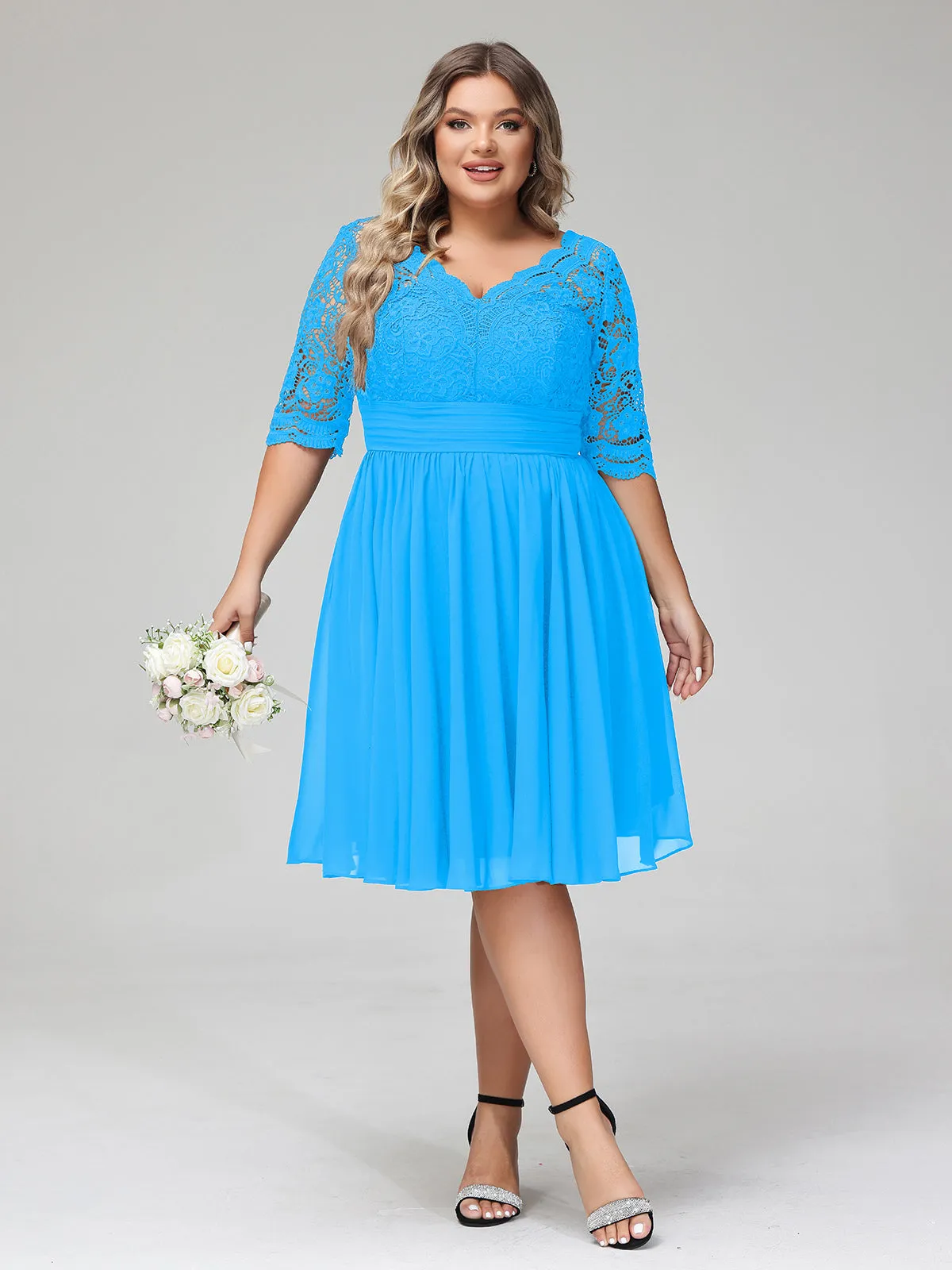 Lace and Chiffon Short Dress with Half Sleeves Ocean Blue