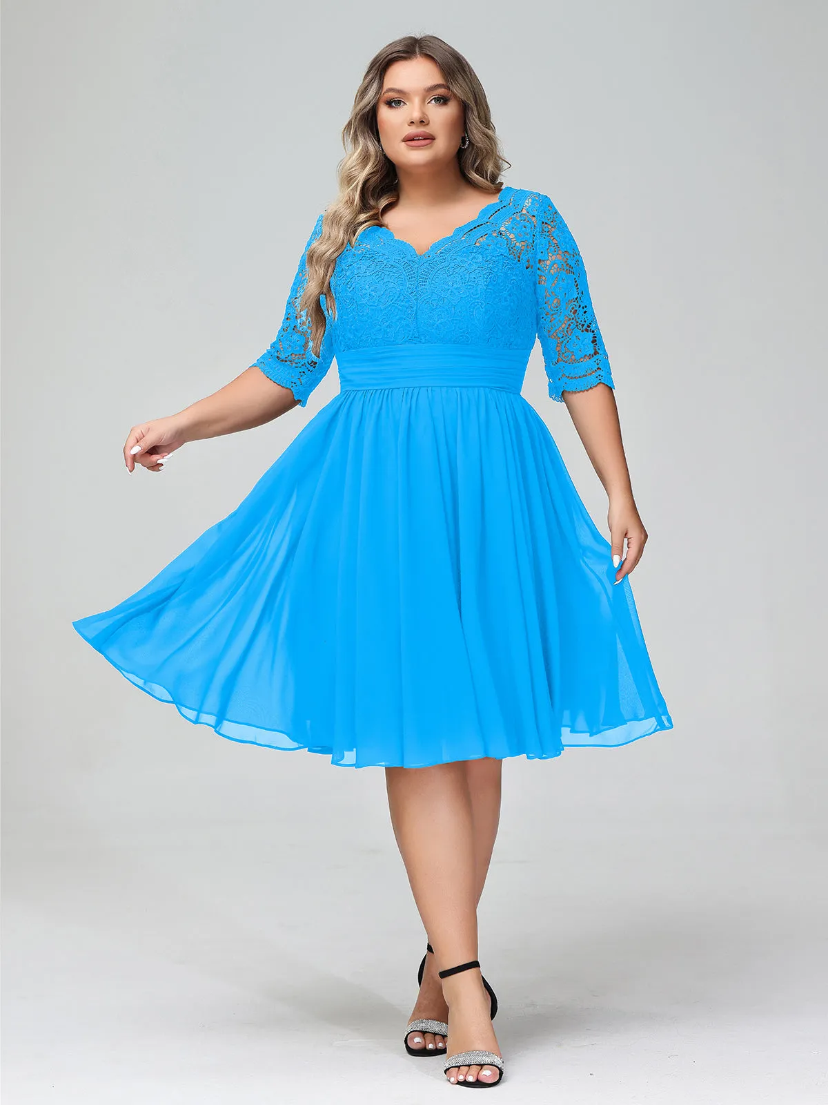 Lace and Chiffon Short Dress with Half Sleeves Ocean Blue