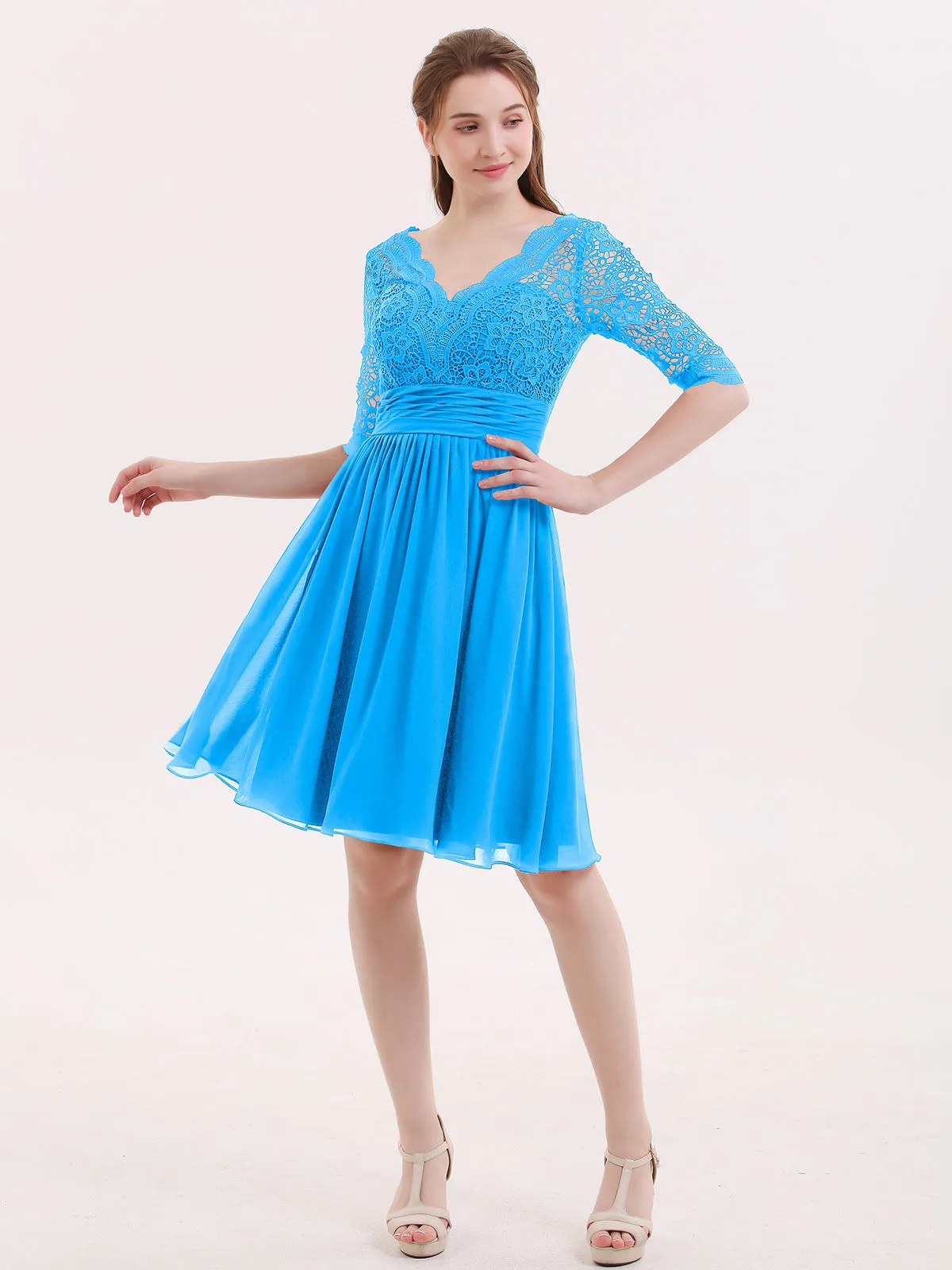 Lace and Chiffon Short Dress with Half Sleeves Ocean Blue