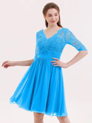 Lace and Chiffon Short Dress with Half Sleeves Ocean Blue