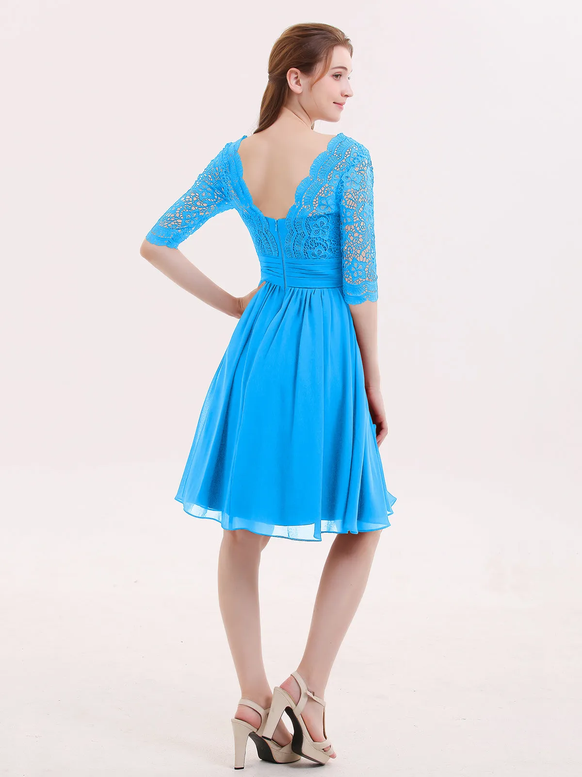 Lace and Chiffon Short Dress with Half Sleeves Ocean Blue