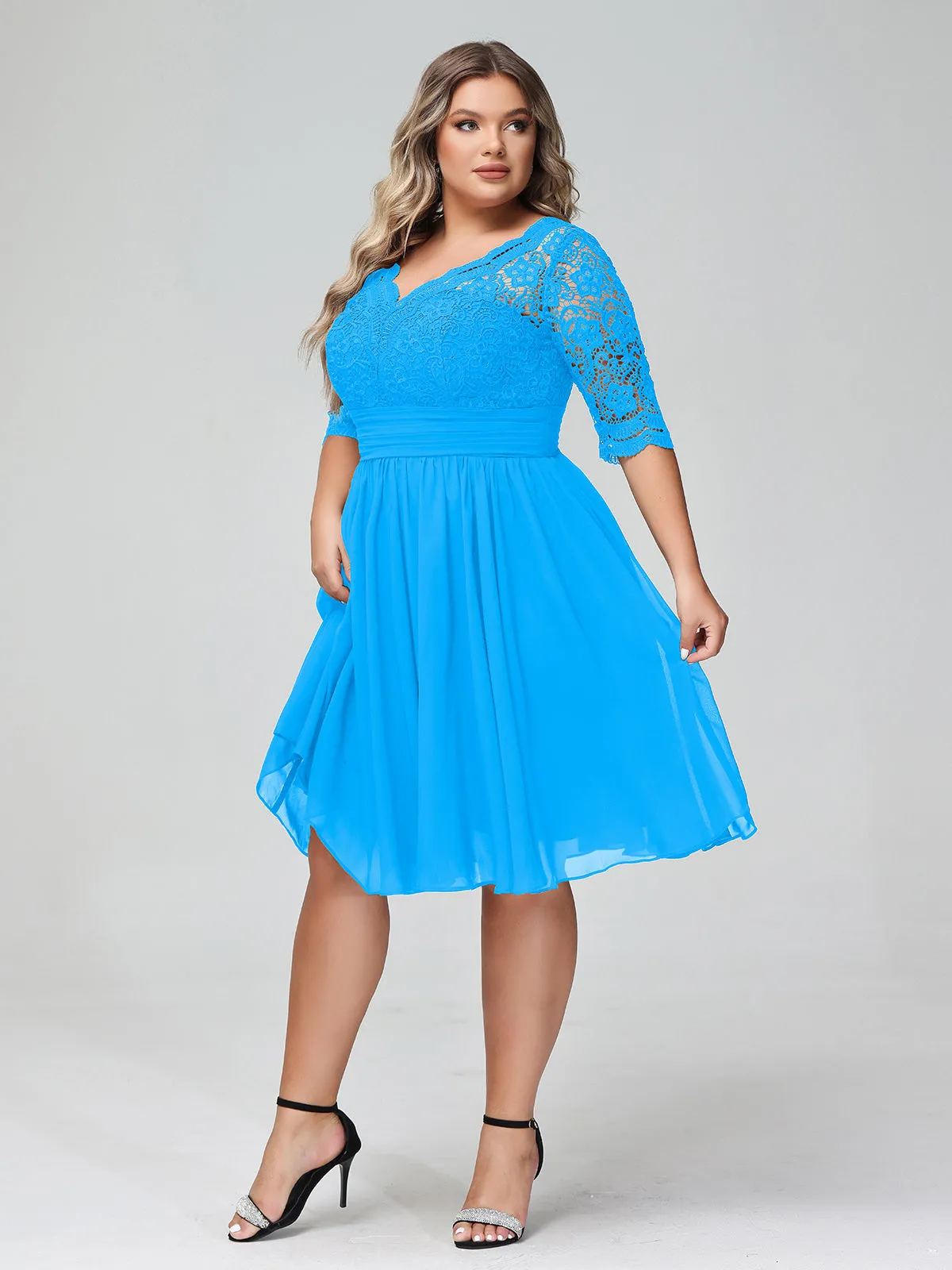 Lace and Chiffon Short Dress with Half Sleeves Ocean Blue