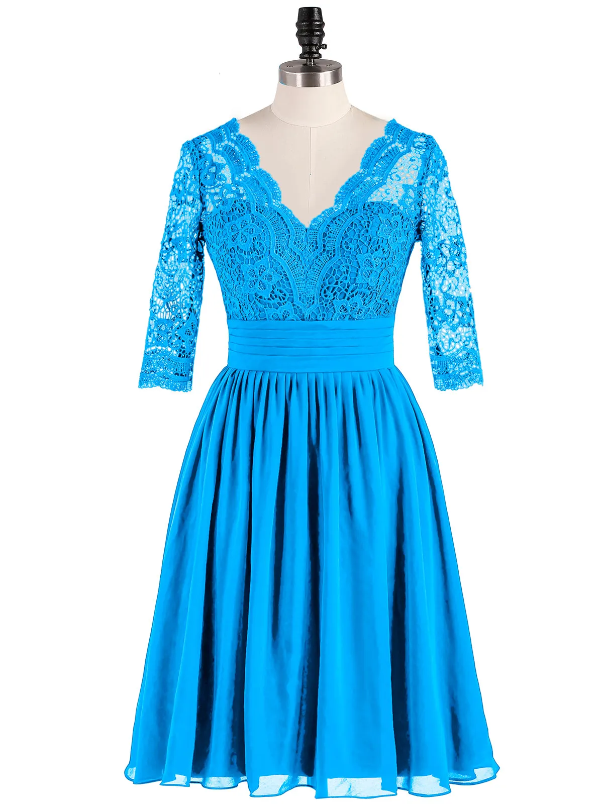 Lace and Chiffon Short Dress with Half Sleeves Ocean Blue