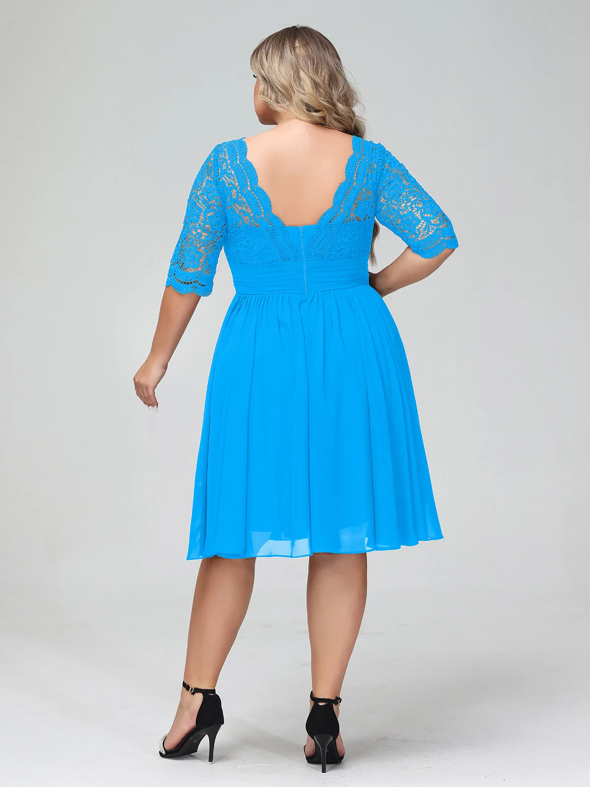 Lace and Chiffon Short Dress with Half Sleeves Ocean Blue