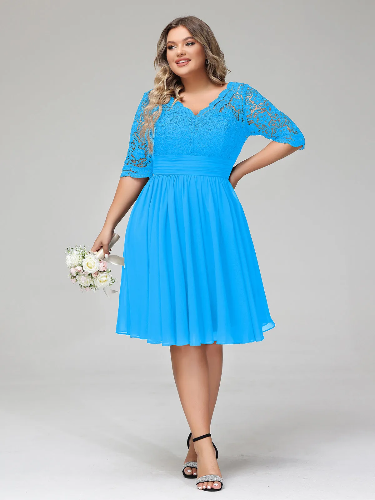 Lace and Chiffon Short Dress with Half Sleeves Ocean Blue