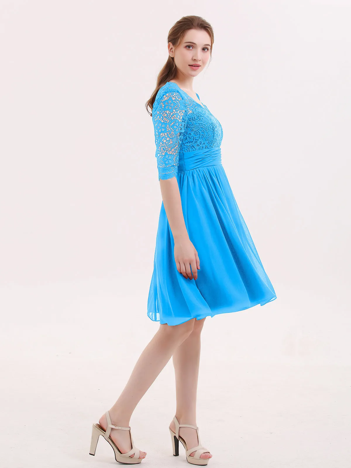 Lace and Chiffon Short Dress with Half Sleeves Ocean Blue