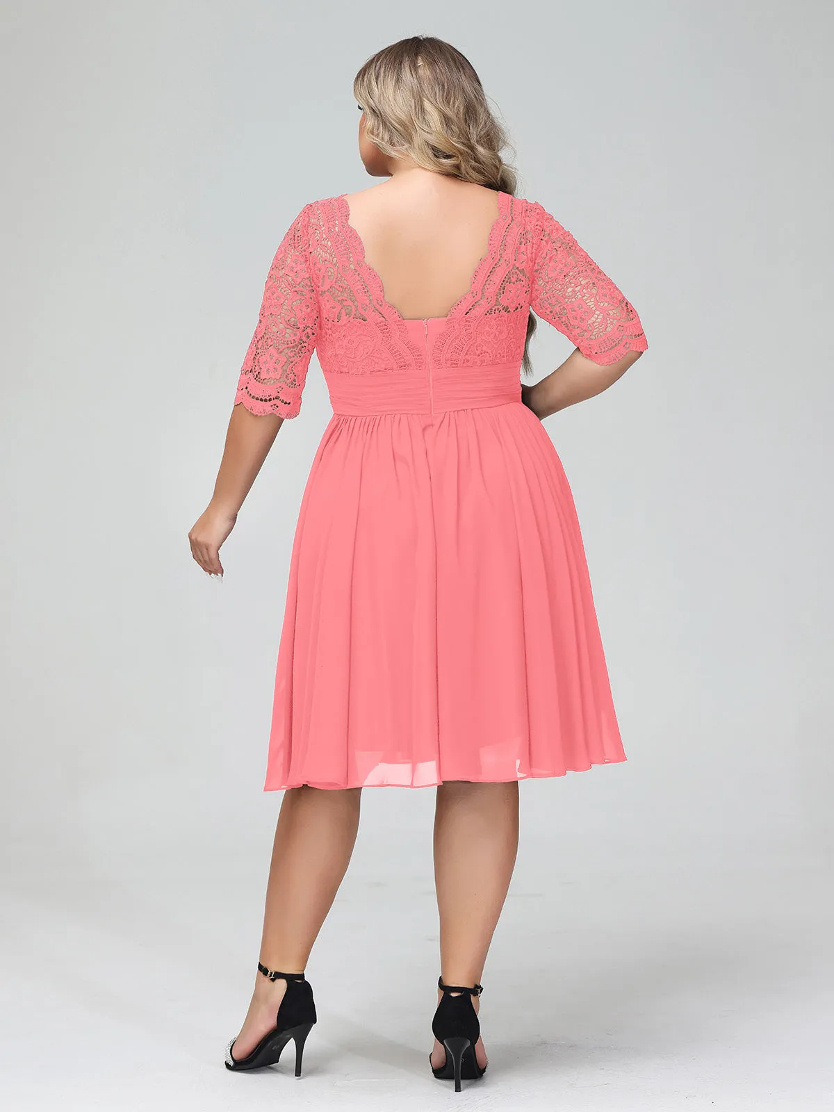 Lace and Chiffon Short Dress with Half Sleeves Watermelon