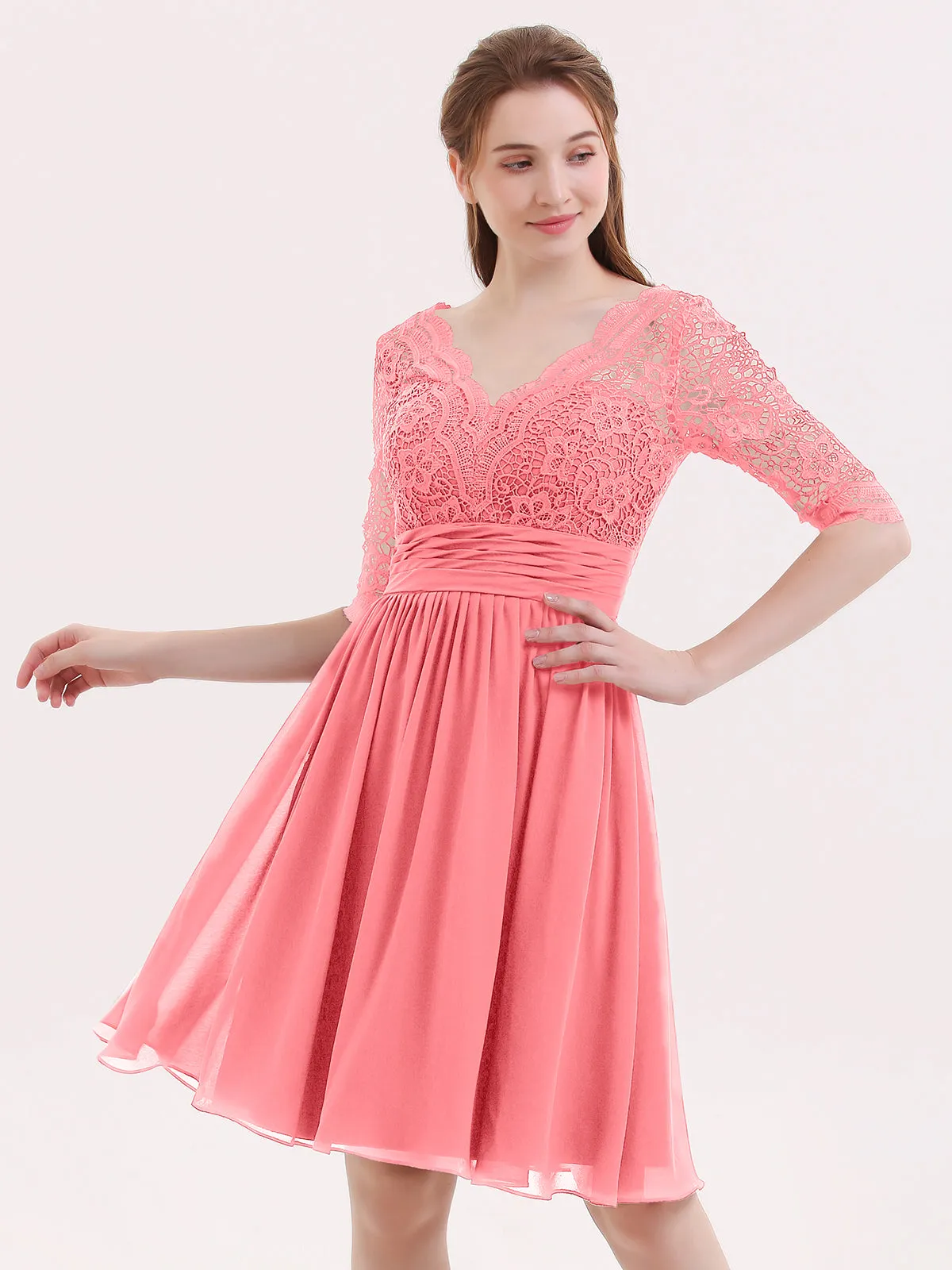 Lace and Chiffon Short Dress with Half Sleeves Watermelon