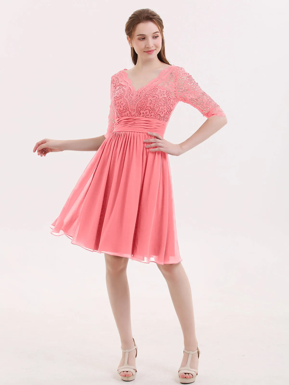 Lace and Chiffon Short Dress with Half Sleeves Watermelon