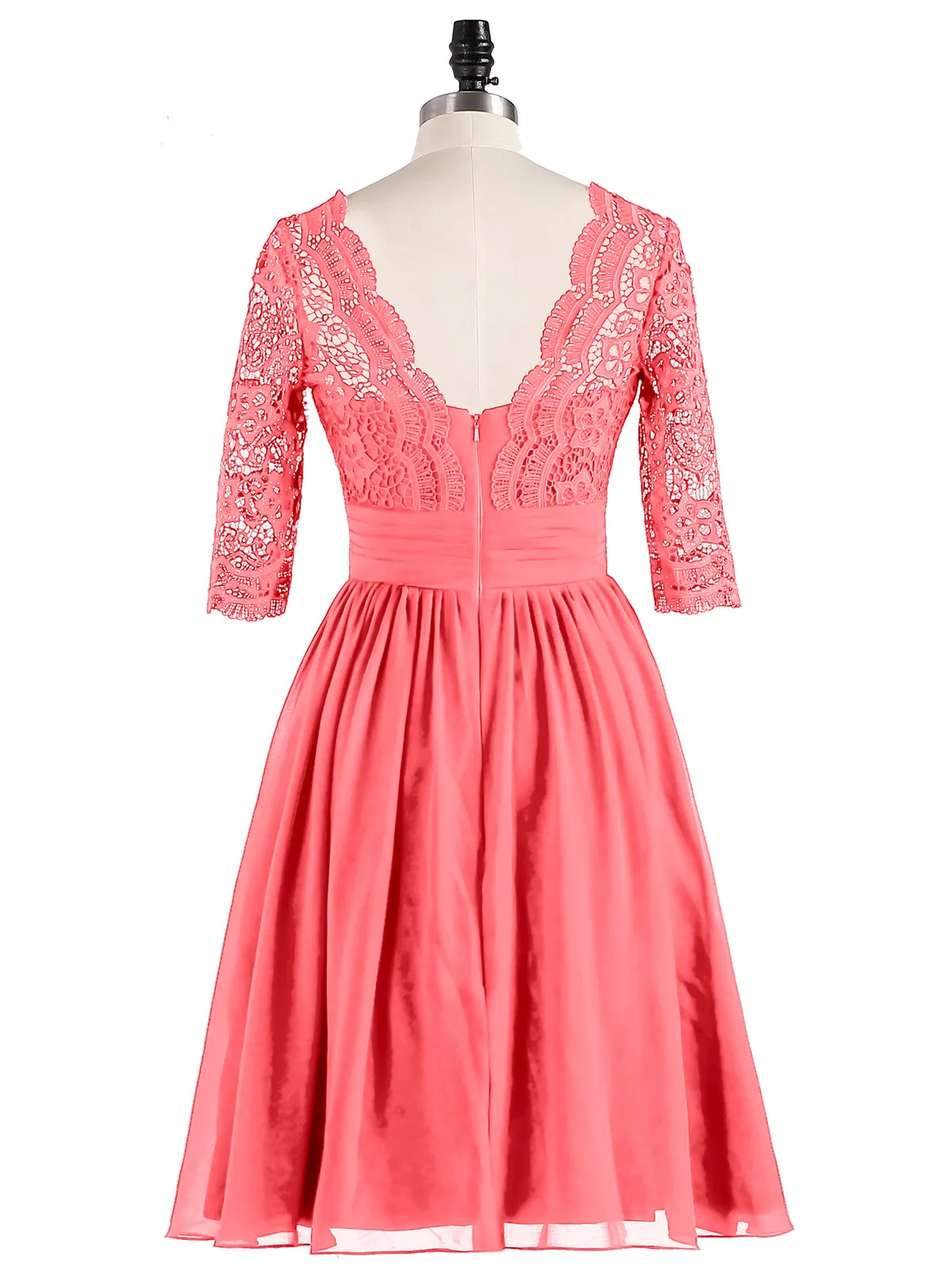 Lace and Chiffon Short Dress with Half Sleeves Watermelon