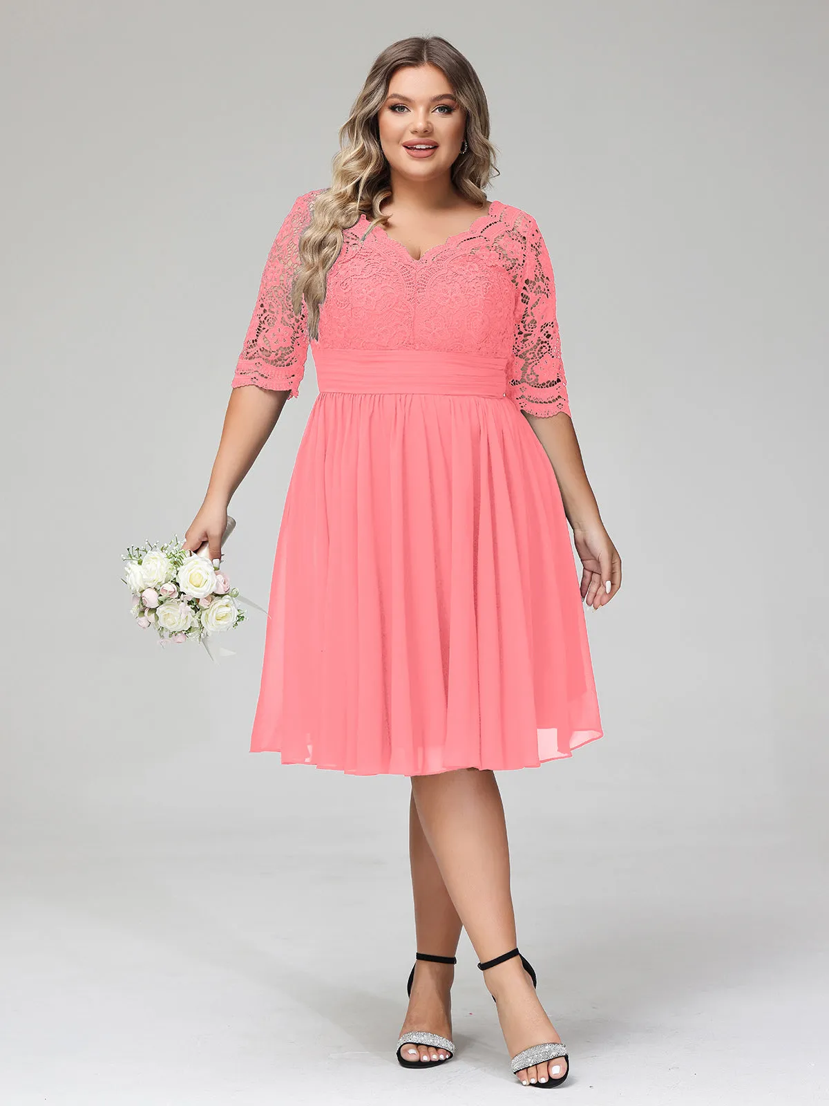 Lace and Chiffon Short Dress with Half Sleeves Watermelon