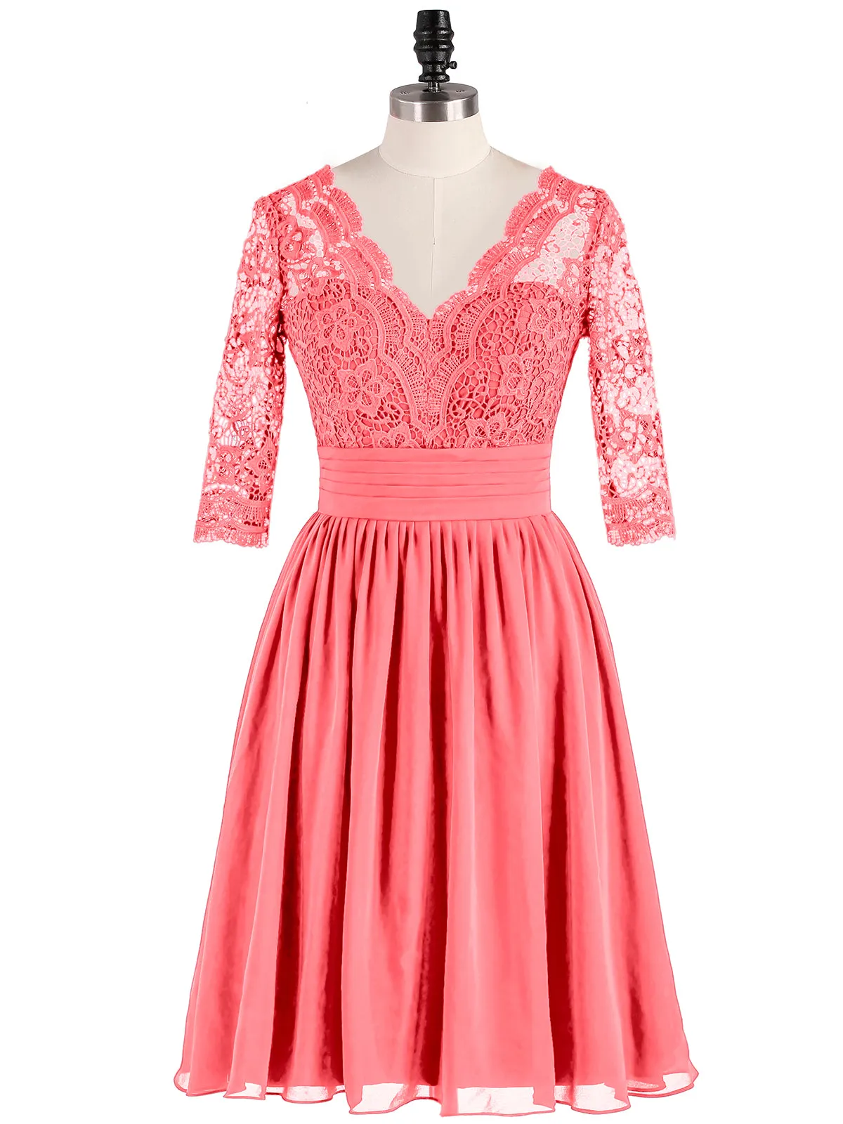 Lace and Chiffon Short Dress with Half Sleeves Watermelon