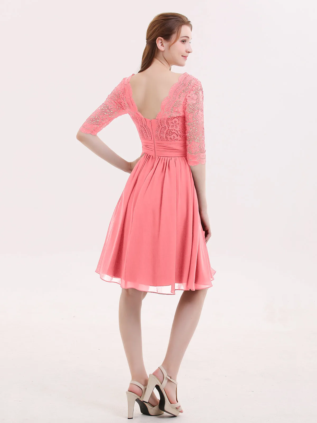 Lace and Chiffon Short Dress with Half Sleeves Watermelon