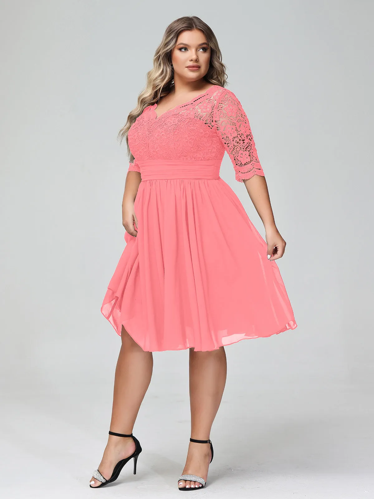 Lace and Chiffon Short Dress with Half Sleeves Watermelon