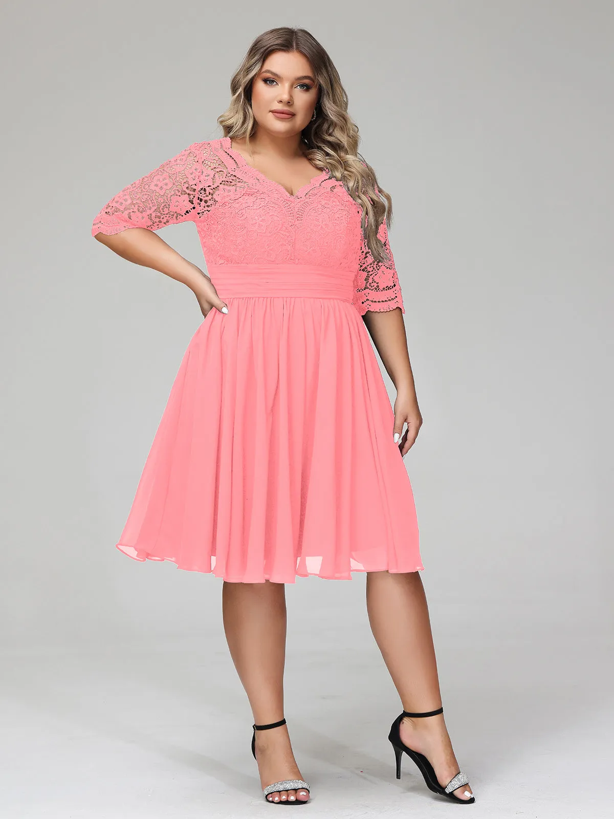 Lace and Chiffon Short Dress with Half Sleeves Watermelon