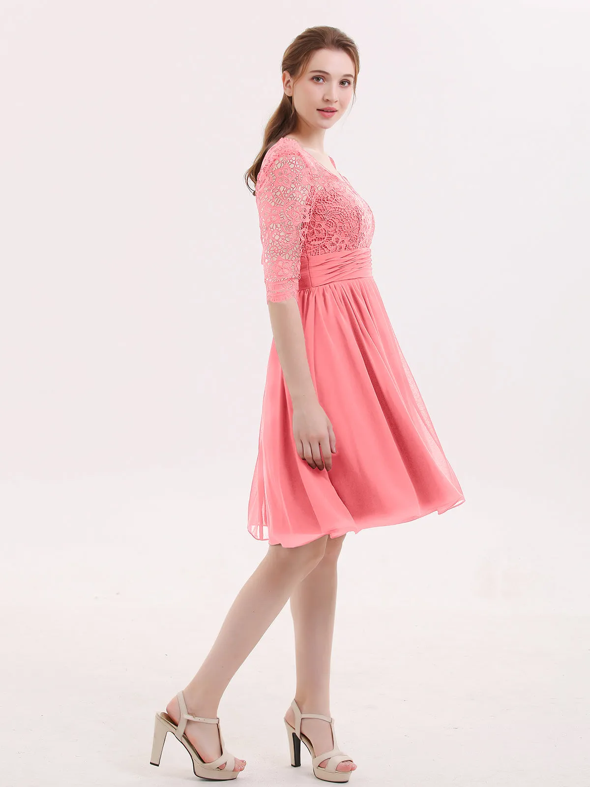 Lace and Chiffon Short Dress with Half Sleeves Watermelon