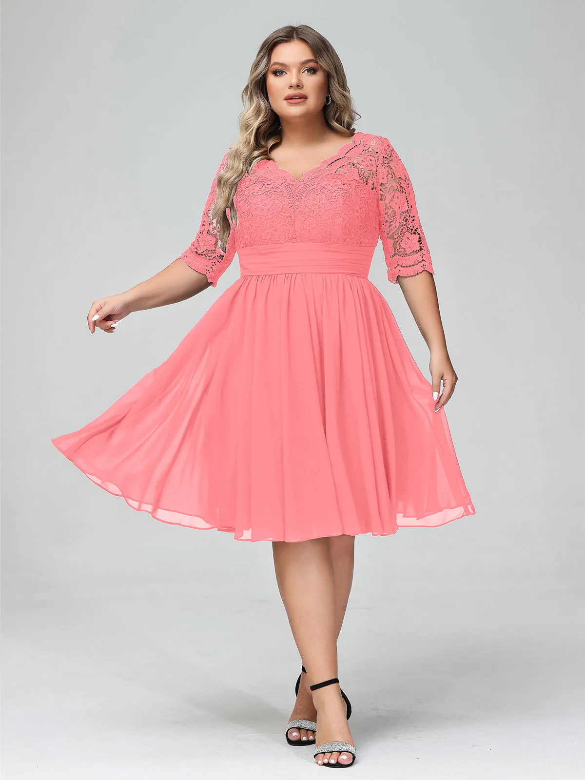 Lace and Chiffon Short Dress with Half Sleeves Watermelon